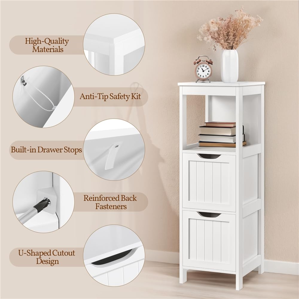 Yaheetech Meuble Rangement Salle de Bain 30 x 30 x 89 cm Blanc | Colonne Salle de Bain, Armoire Toilette avec à 2 Tiroirs et 1 Compartiment Ouvert, pour Salle de Bain, Salon, Cuisine