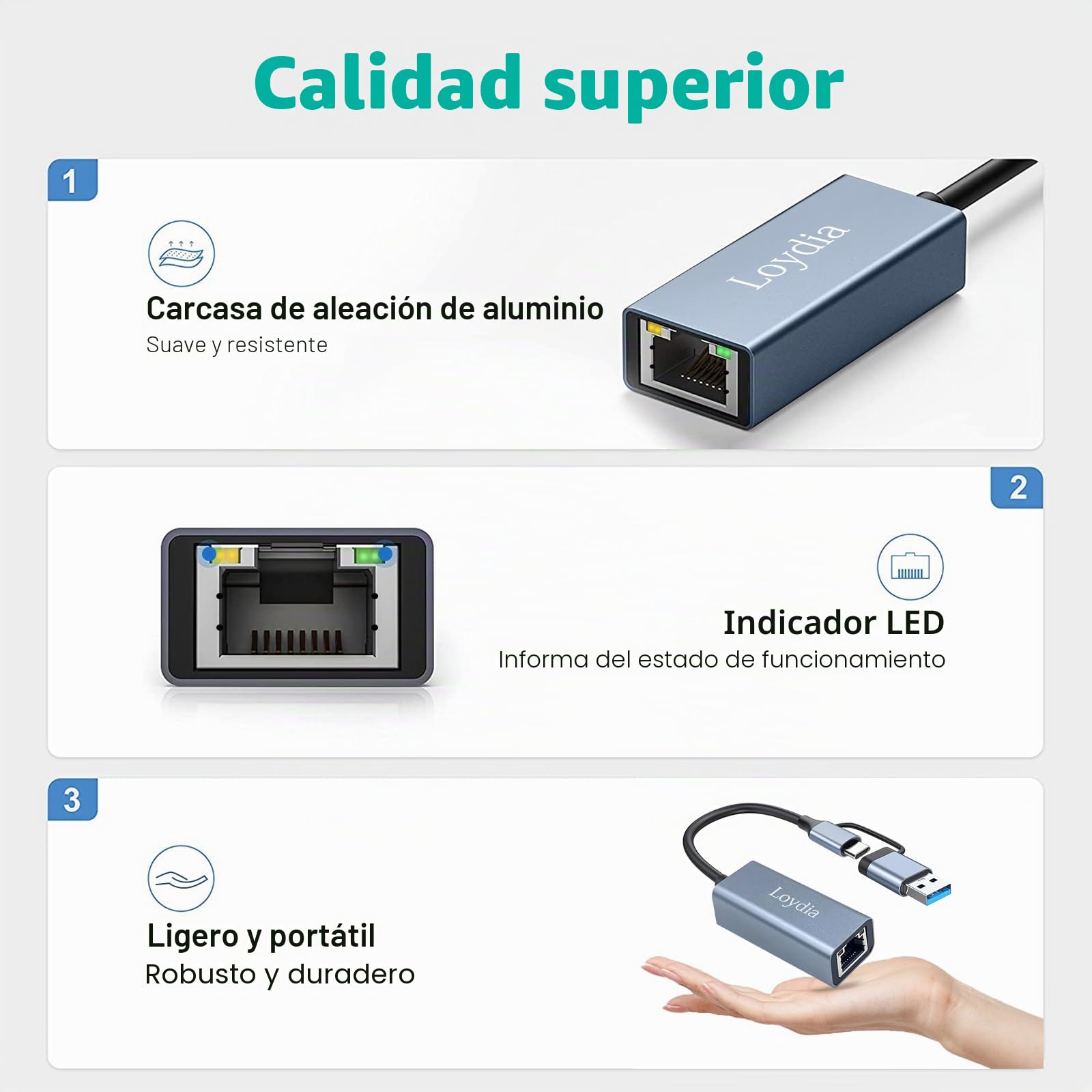 Loydia Adaptador USB C a Ethernet, Type-C a Gigabit LAN Ethernet Adaptador de Red USB 3.0 a Gigabit RJ45 ethernet 1000mbps para Laptop, MacBook, Huawei, Tablet