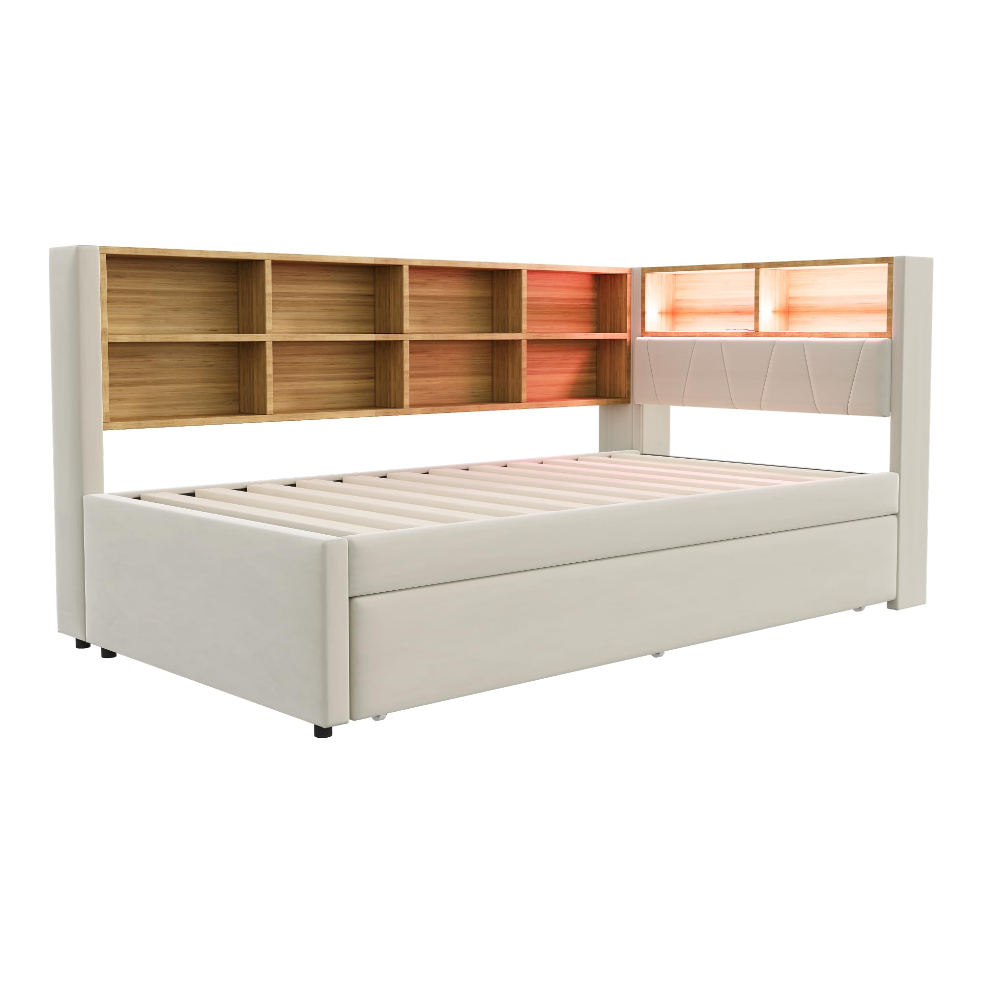 Moimhear Divano letto 90 x 200, letto estraibile 90 x 190 cm, con presa USB e molti scomparti, letto imbottito, divano letto multiuso, letto singolo (beige)