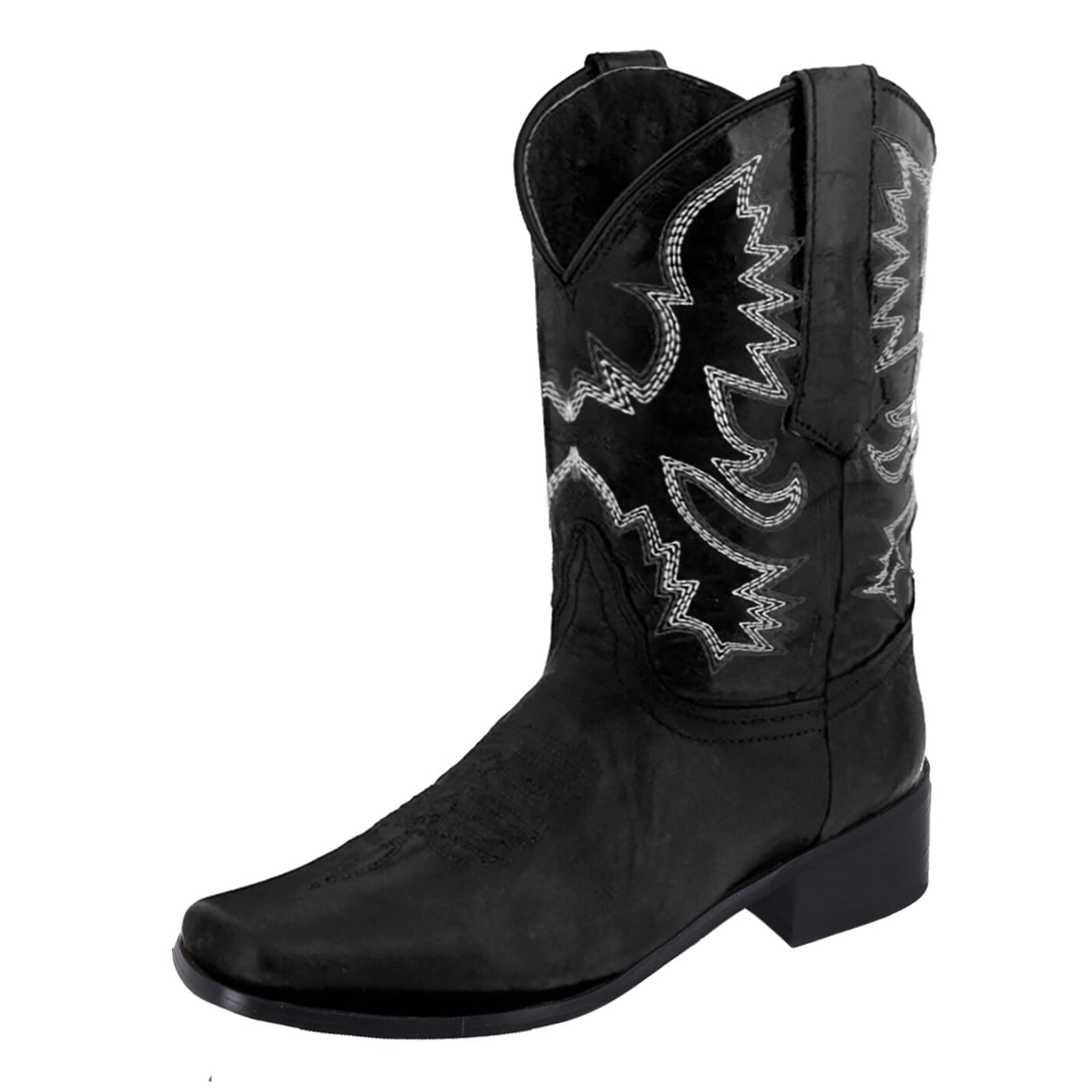 Damskie zachodnie buty kowbojskie o średniej długości, czarne z białym haftem, skórzane, buty na obcasie, kalosze damskie, Czarny, 39.5 EU