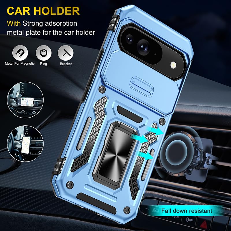 Image of Polycarbonate Slide Camera Cover with Ring Holder Mobile Phone Back Cover for Google Pixel 9 Pro (Blue)