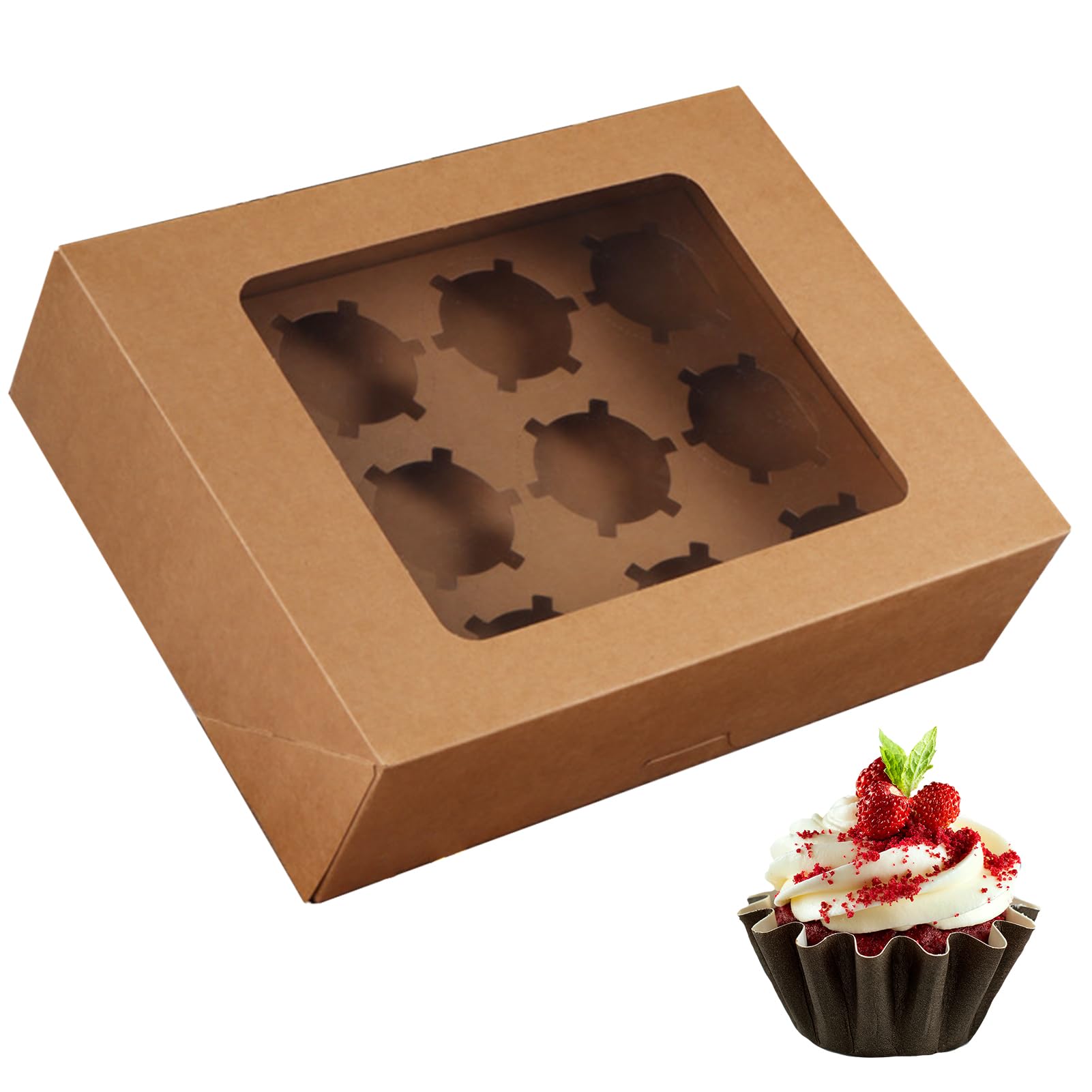 Cajas de panadería, cajas de pastelería para cupcakes, panadería | 10 unidades de papel con ventana transparente para cupcakes, pasteles, galletas