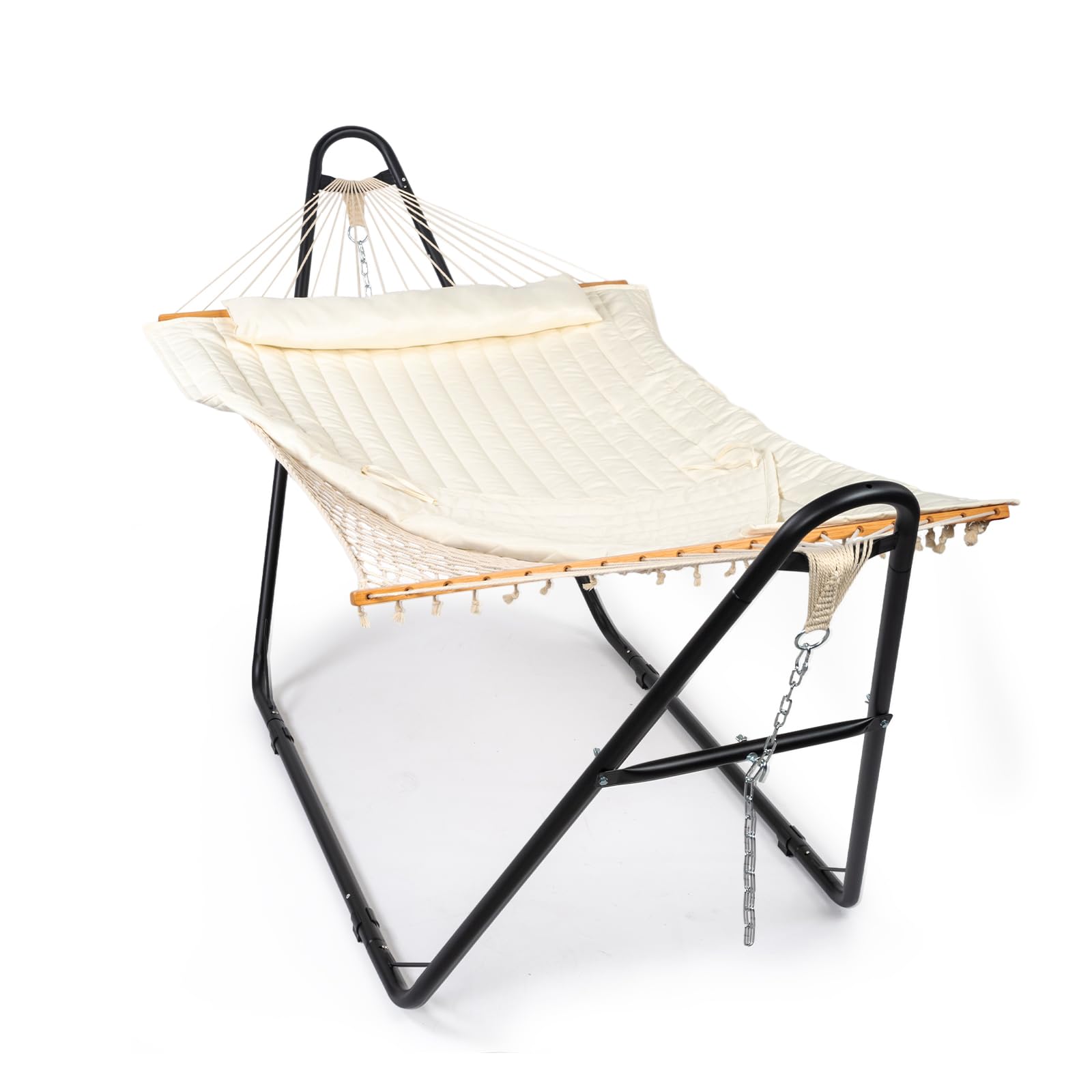 ONCLOUD Double Hammock with Stand for Outside, Rope Hammock with Pillow and Pad, Heavy Duty Hammock Set for Backyard, 550 LBS (White)