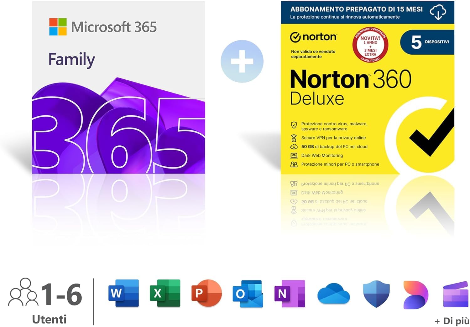 Microsoft 365 Family │ 12 mesi │ 6 persone │ Fino a 6 TB di spazio di archiviazione Onedrive │ App Office con AI + Norton 360 Deluxe│5 Dispositivi│15 mesi│ Abbonamento con rinnovo automatico