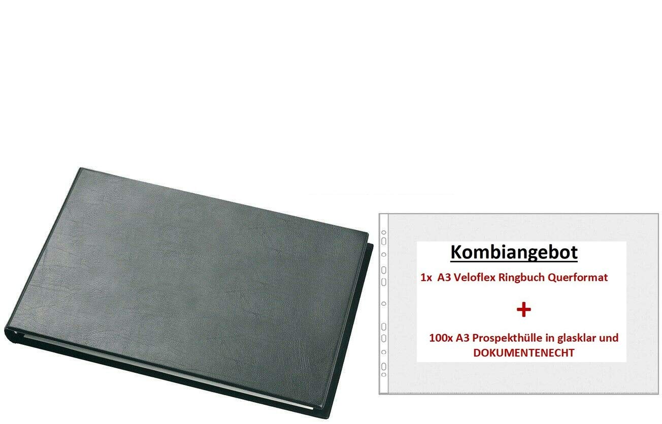 PS-Handelshaus Ringbuch A3 Querformat mit 100 A3 Prospekthüllen | 1x Veloflex Exclusiv Ringbuch A3 Quer + 100x glasklare 80my PP Sichthüllen. Dokumentenecht & recycelbar.