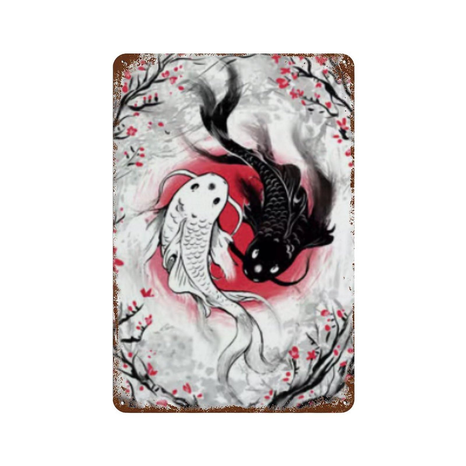 Japanese Koi Fish Poster 11.8"x7.9" Weathered Tin Sign, Rustic Home Decor for Living Room, Hallway And Home Decor