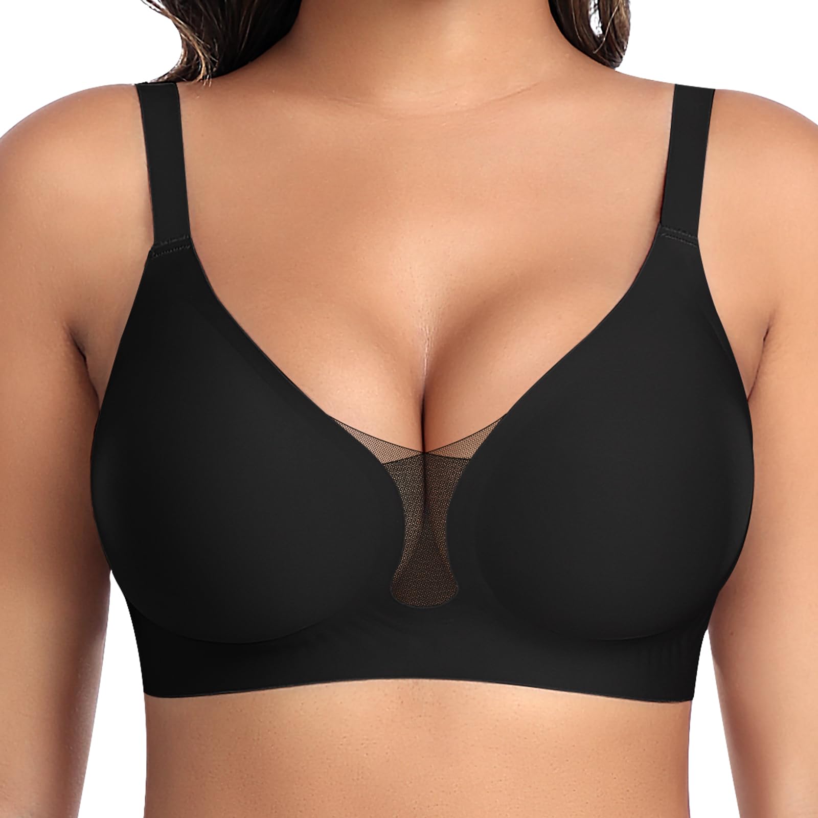BH Damen Ohne Bügel Nahtloser Glatter Weicher BH Modische Spitze Mesh Tiefes V-Ausschnitt Bequemer BHS Gepolsterter BHS Bustier Bügellos Soft Bra Seamless Bralette T-Shirt (Schwarz, XL)