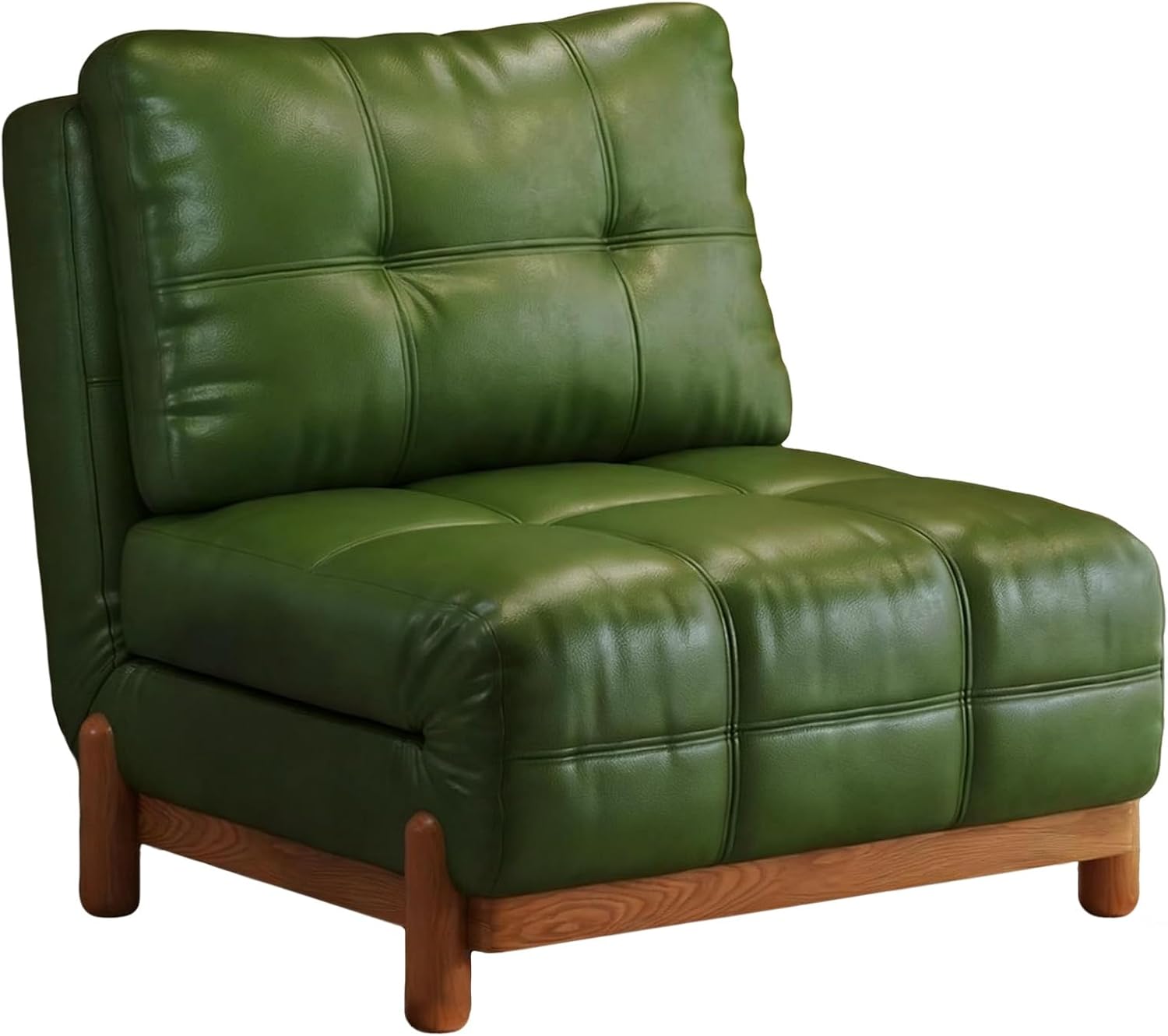 Convertible Green Sofa Bed, Vintage PU Leather, Solid Wood Single Armchair, Adjustable Recline, Foldable Lazy Chair for Apartments, Guest Rooms & Home Offices