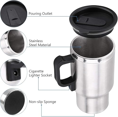 Miniatura 5 de Taza de calefacción de viaje, hervidor eléctrico de acero inoxidable para automóvil con encendedor de cigarrillos, taza de café eléctrica para agua