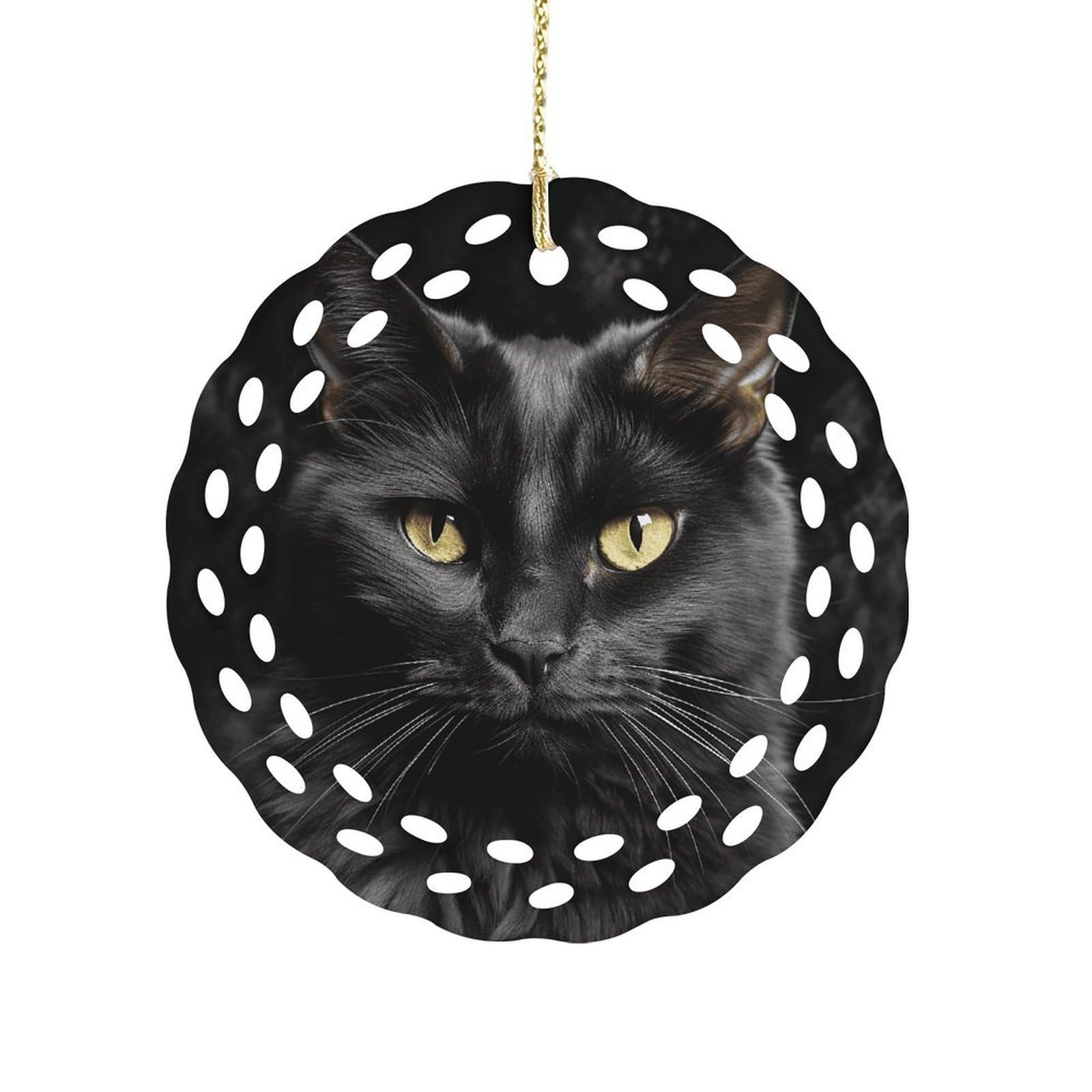 Btcowzrv Style A Black Cat On A Black Background Ceramic Ornament,Round Ornaments With Hole Easy To Hang,Hanging Ornament For Wedding Party Home Window Garden Christmas Day Decor