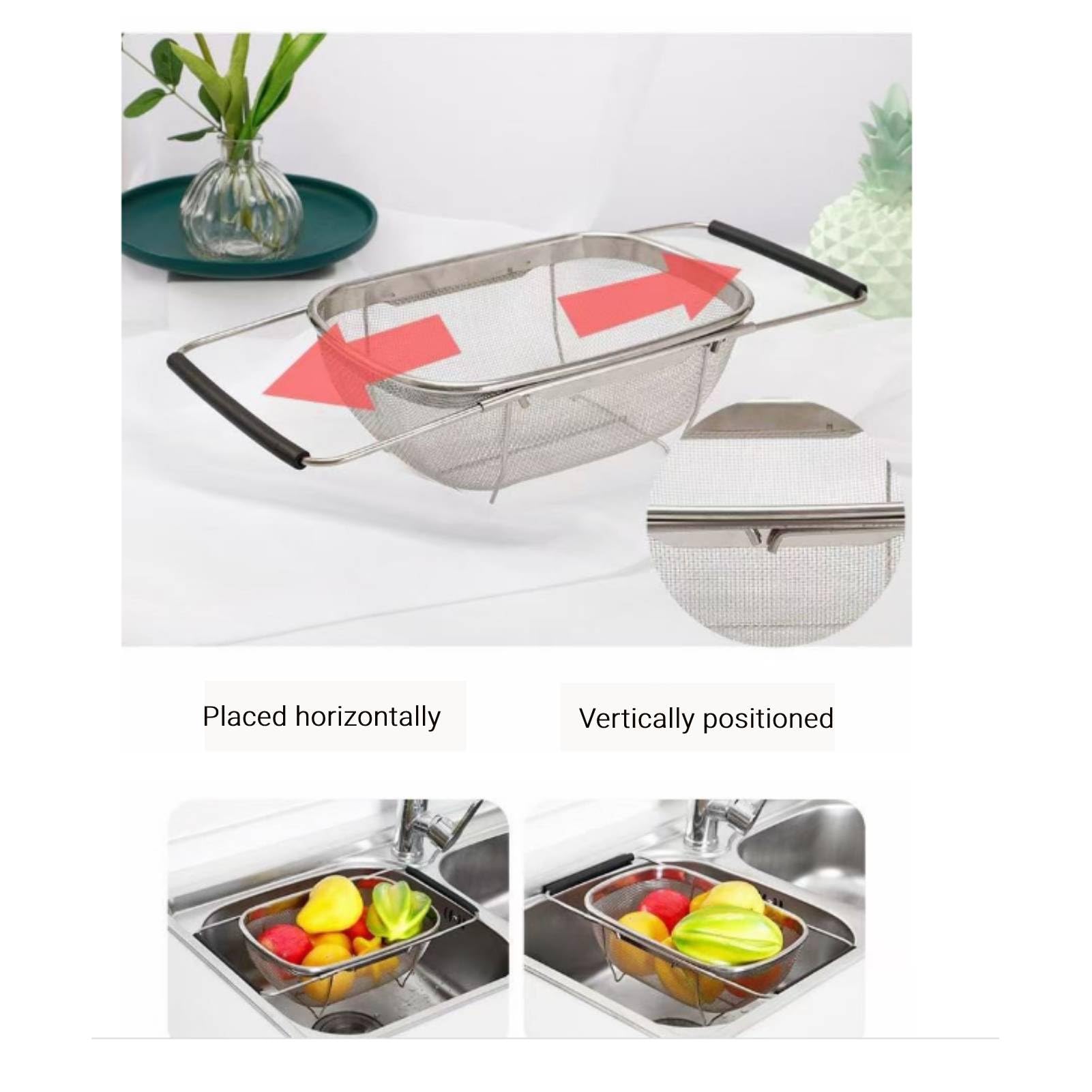 HERCHR Scolapasta Estensibile in Acciaio Inox Colapasta Scolapasta da Pentola con Maniglia a Scomparsa Rete Metallica Maglia Piccola Scolapiatti Acciaio Inox Cestello per Lavello da Cucina