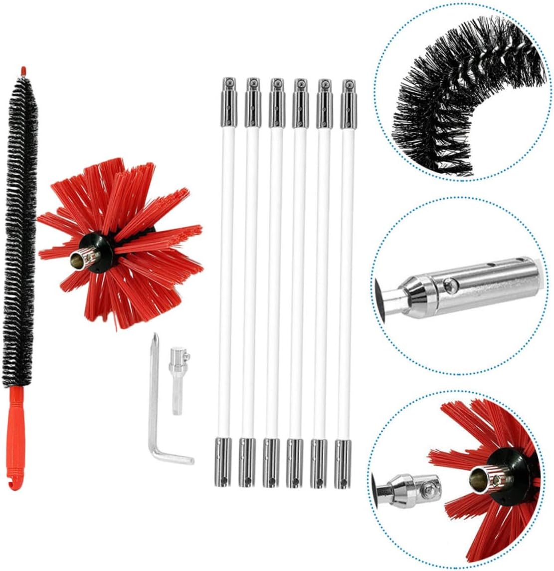 Amosfun Chimney Brush Kit Flexible Rods Dryer Vent Cleaning Tools Lint Remover for Flue 6-Piece Set Compatible Standard Vents for Home Maintenance