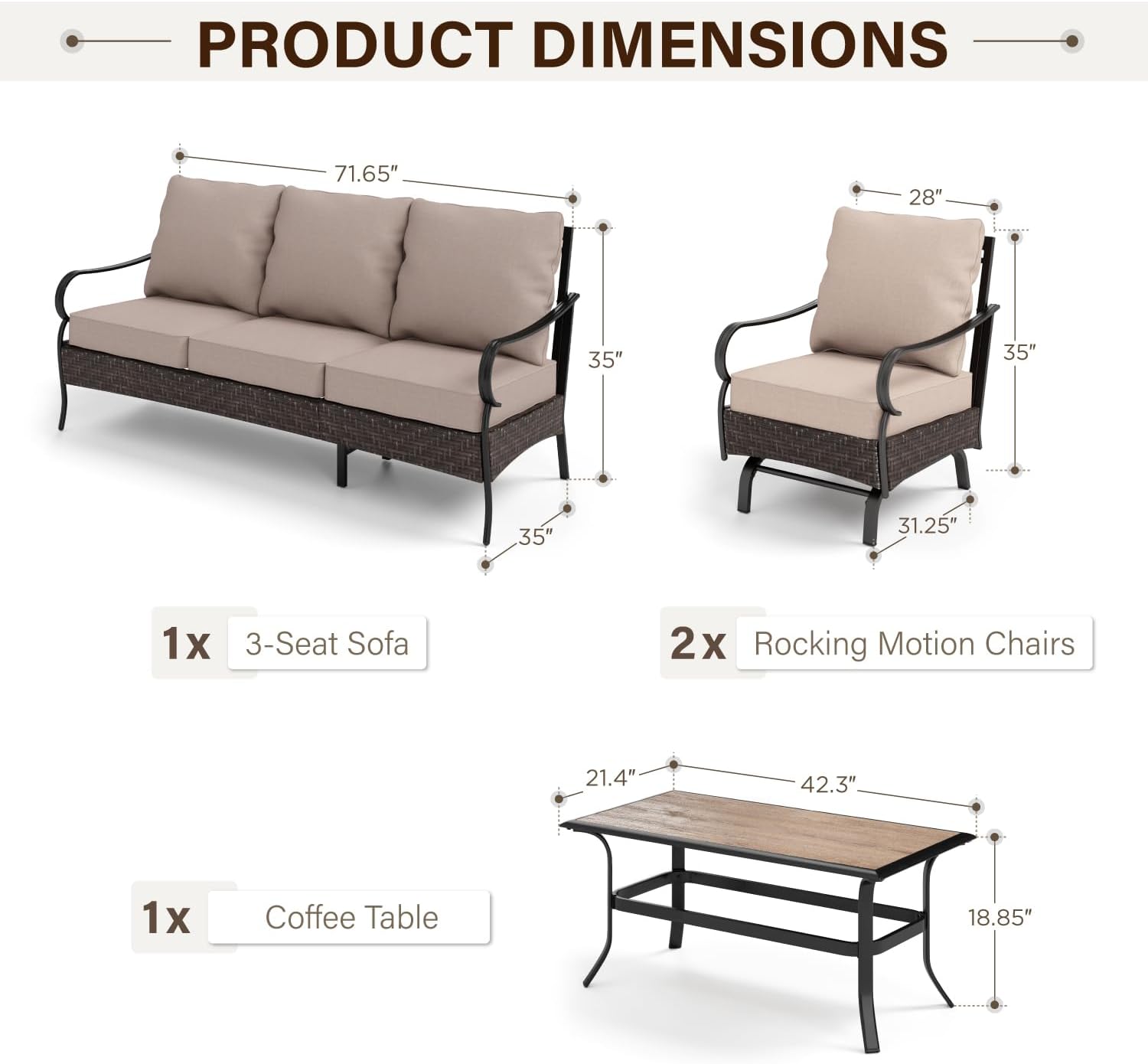 GREEN PARTY Extra Large Outdoor Patio Furniture Set 4 Pieces for 5, Modern Metal Patio Conversation Sets with High Back 3-Seat Sofa, 2 Motion Chairs, 1 Coffee Table, for Garden, Backyard