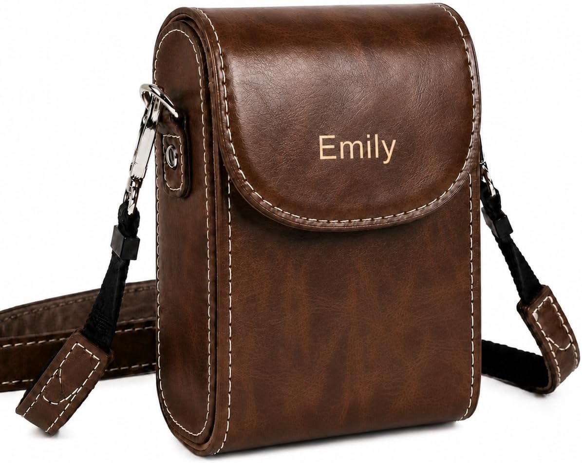 Personalized PU Leather Camera Case Compatible with Canon G7X Mark III/II, Compact Digital Camera Bag with Detachable Shoulder Strap & Belt Loop, Custom Name Initials (Dark Brown)
