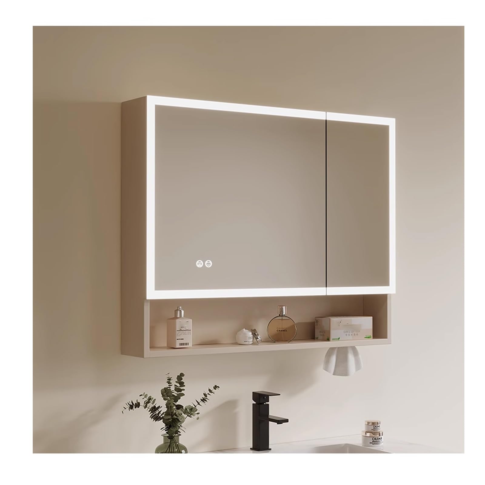 Armario espejo baño con luz,armario baño con espejo y luz led,LED espejo con almacenaje de maquillaje,armario baÃo con Interruptor Táctil,visualización de la hora(Beige,W70*H70cm/W27.5*H27.5in)