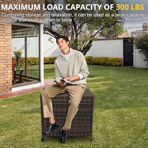 PeacefulHues Outdoor Storage Box with 2 Wheels & Handle- UV Resistant Flip-Top PE Rattan Waterproof Deck Box,80 Gallon,Storage Bin for Patio Cushions,Gardening Tools,and More,Dark Brown by PeacefulHues - Image 3