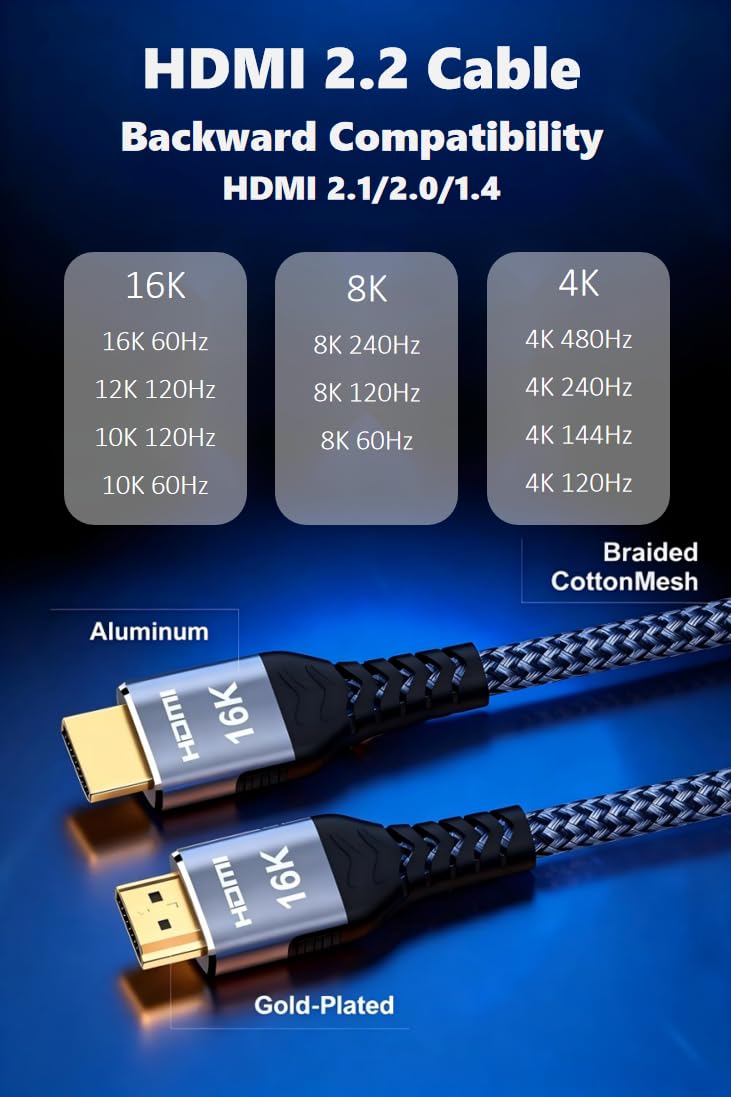 Avaoaa 16K 8K 4K HDMI Cable 2.2 96Gbps 6.6FT, Ultra High Speed Cable 8K 4K 240Hz 144Hz 120Hz Braided HDMI Cord Compatible for PS5 Xbox Support ARC eARC HDR10+ HDCP2.3 Gaming Monitor TV Laptop Blu-ray - Image 2