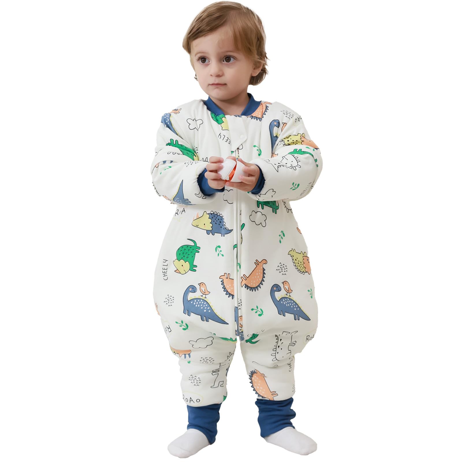 MIKAFEN Sacco nanna a maniche lunghe con piedi 3,5 tog invernale, per bambini - sacco nanna invernale con gambe - 100% cotone, Dinosauri verdi (3-4 anni)