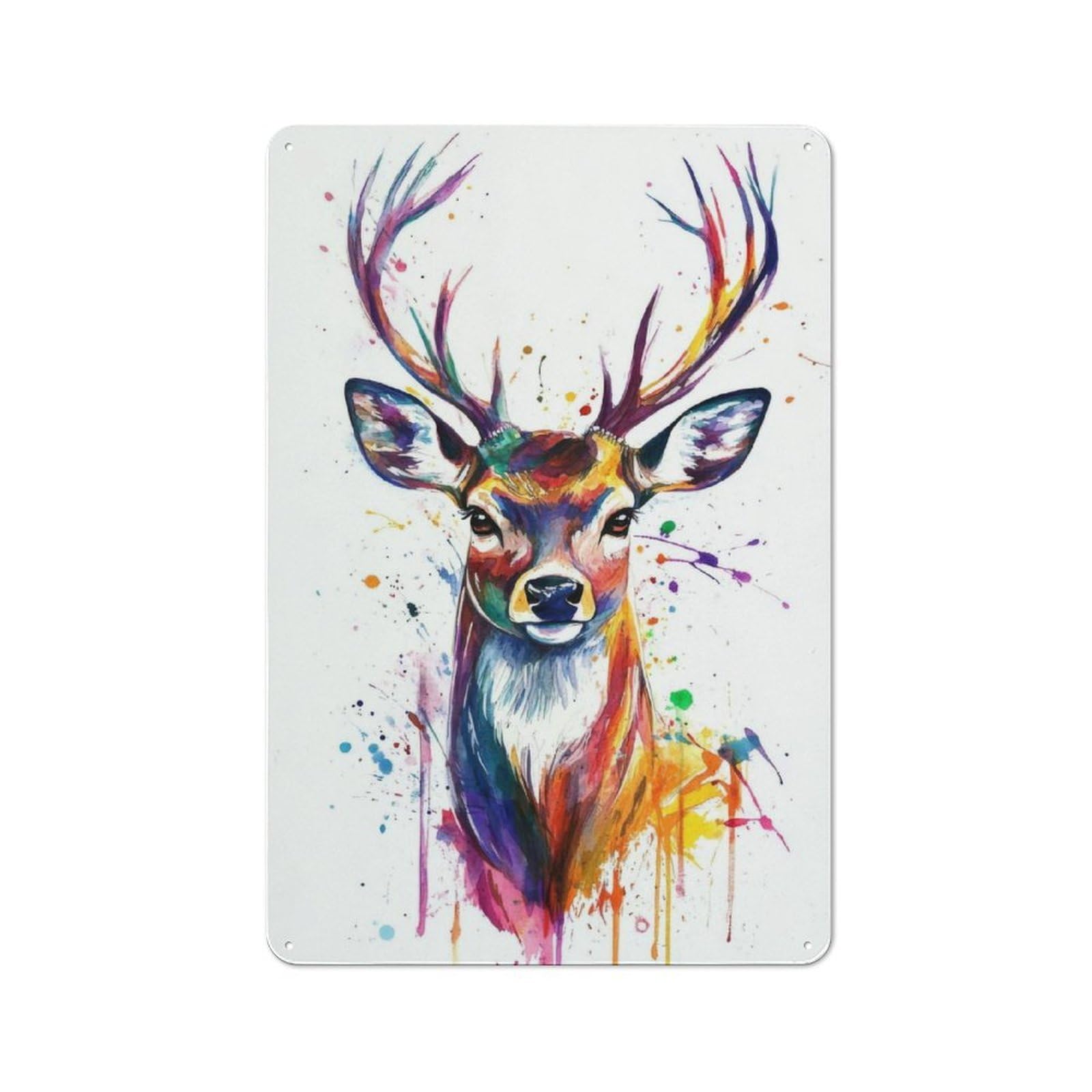 Junmoney Colorful Deer Watercolor Rustic Tin Sign 30X20cm Featuring For Living Room Wall, For Metal Sign Collectors, For Garage And Workshop Walls