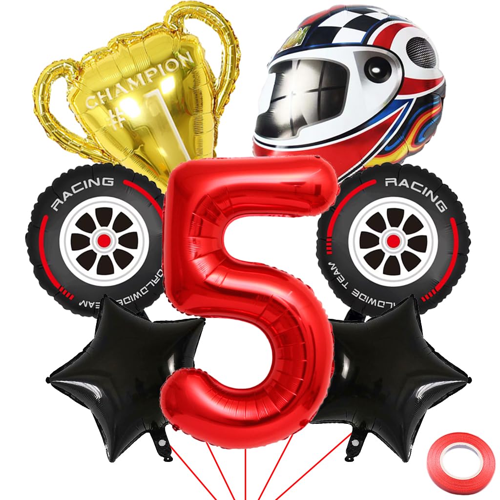 Kawailay 5 Year Racing Car Birthday Balloons 5th Racing Car Birthday Decoration Racing 5th Birthday Decoration Balloons Trophies Helmet Tyre Foil Balloon Red Number 5 Balloon for Boy Birthday Party