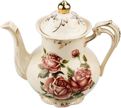 Rose Pattern Ceramic Tea Pot, STARVAST Vintage Floral Pottery Teapot Ivory 28oz Large Porcelain Decorative Teapot, Gifts or Collections Idea Capacity 800 mL