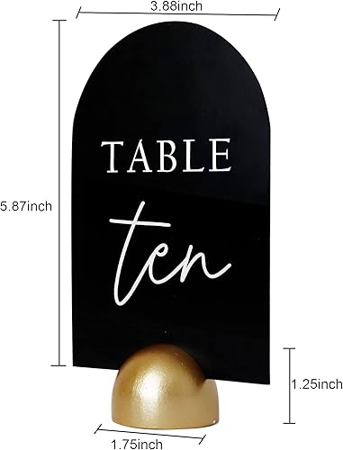 Miniatura 6 de Hanna Roberts Letreros modernos de medio círculo con número de mesa cursiva negra con soporte redondo para recepción de boda, restaurante, fiesta de