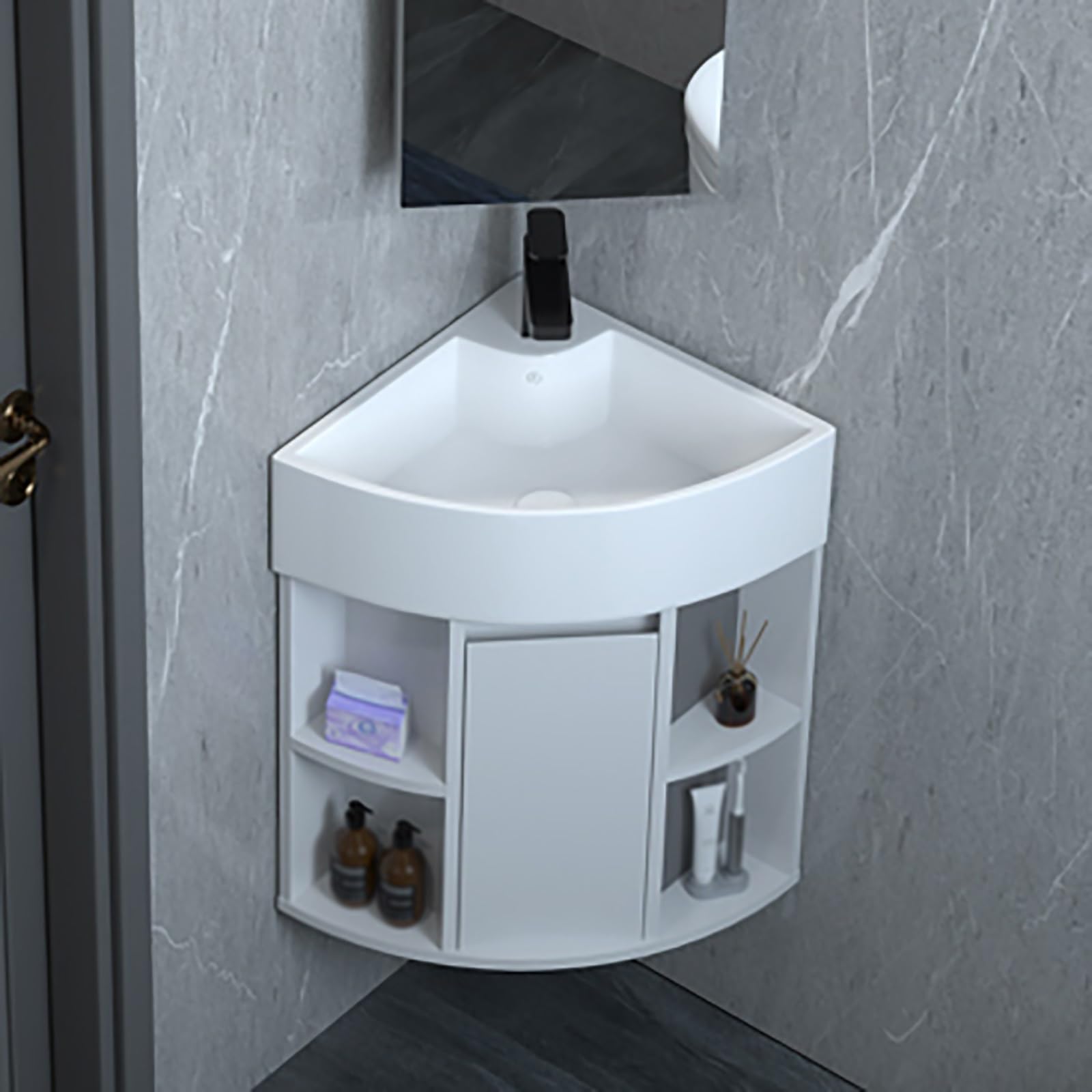 GLJTUO Floating Small Corner Bathroom Vanity Cabinet with Ceramic Sink Faucet Storage Wall Mounted Narrow Vanities for Home Bath,One Color-38cm/15in