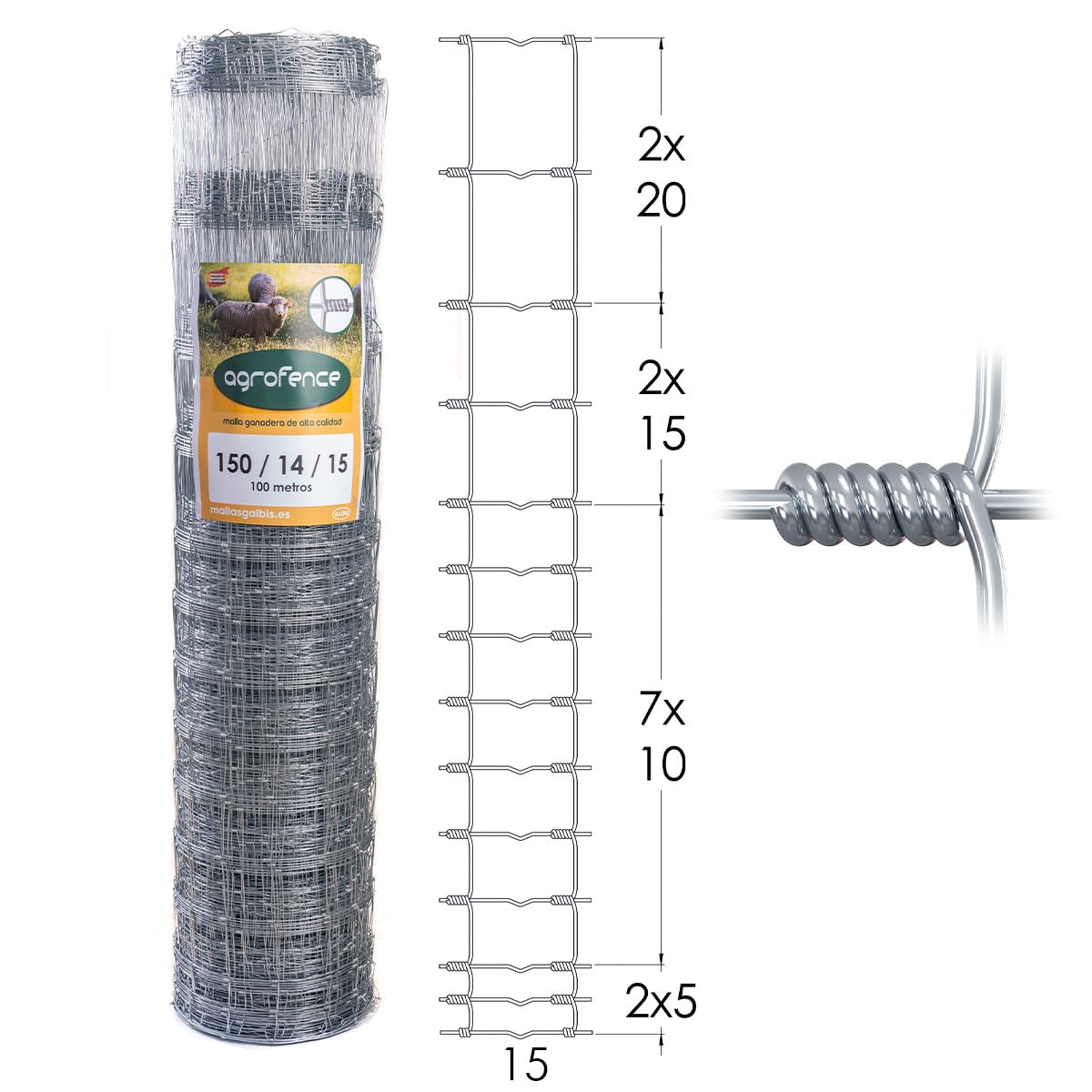 Malla Anudada Agrofence 150/14/15 | Rollo de: 100m | Color: Gris | Diámetro: 2.4mm