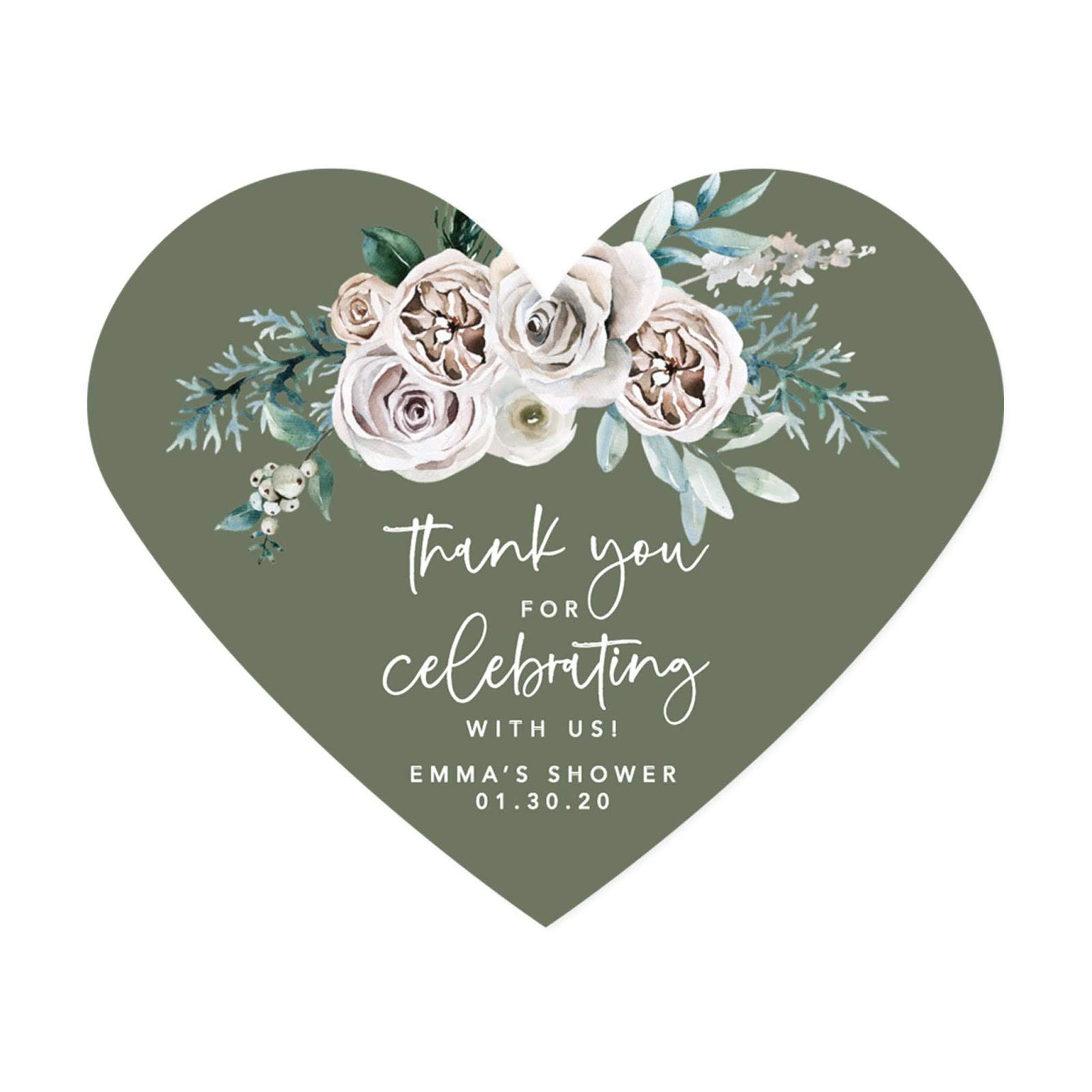 Andaz Press Sage Green with Cream Floral Blossoms Fall Wedding Party Collection, Personalized Heart Label Stickers, Thank You for Celebrating with Us