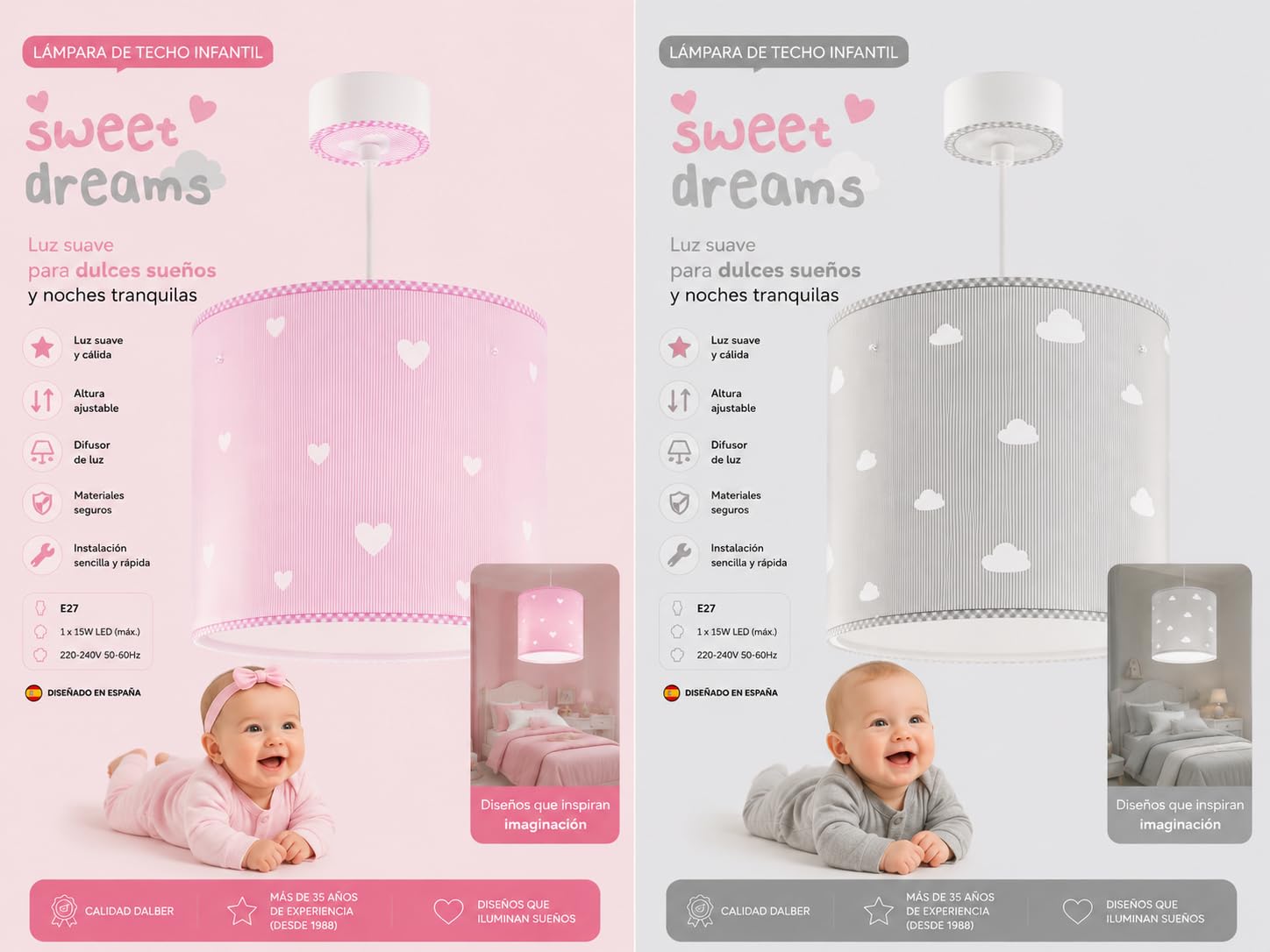 Dalber Lámpara Techo Colgante Infantil Corazones Rosa 62012MS E27 | Incluye difusor de luz inferior extraible; Habitación niña; lámpara infantil