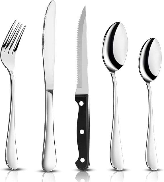 Joyfair 16 Piece Cutlery Sets + 4 Piece Steak Knives, Stainless Steel 20 Piece Silverware Flatware Set with Fork Knife Spoon, Service for 4,Home/Camping/Party, Mirror Finished & Dishwasher Safe