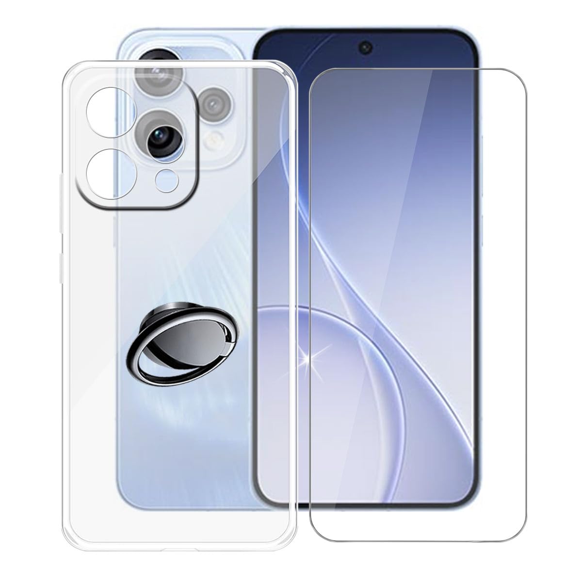 for Oppo Reno 15c Case, with [ 1 x Tempered Glass Protective Film], Shockproof Soft Cover, [360° Rotation Ring Kickstand] Case for Oppo Reno 15c (6.59") - Clear