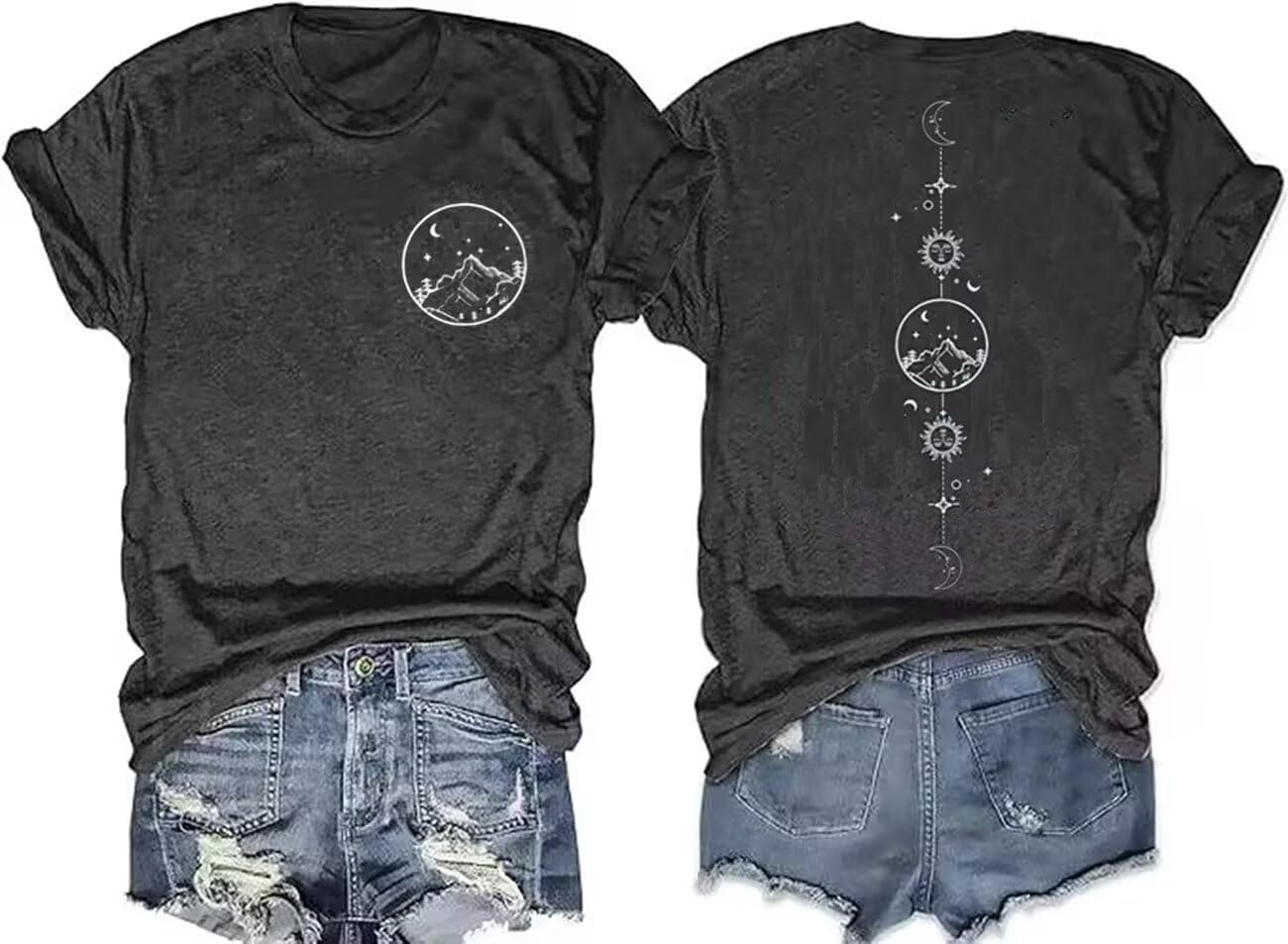 Moon and Sun Shirts Women Vintage Graphic Tshirt Mountain Hiking Short Sleeve Vacation T-Shirt Tops