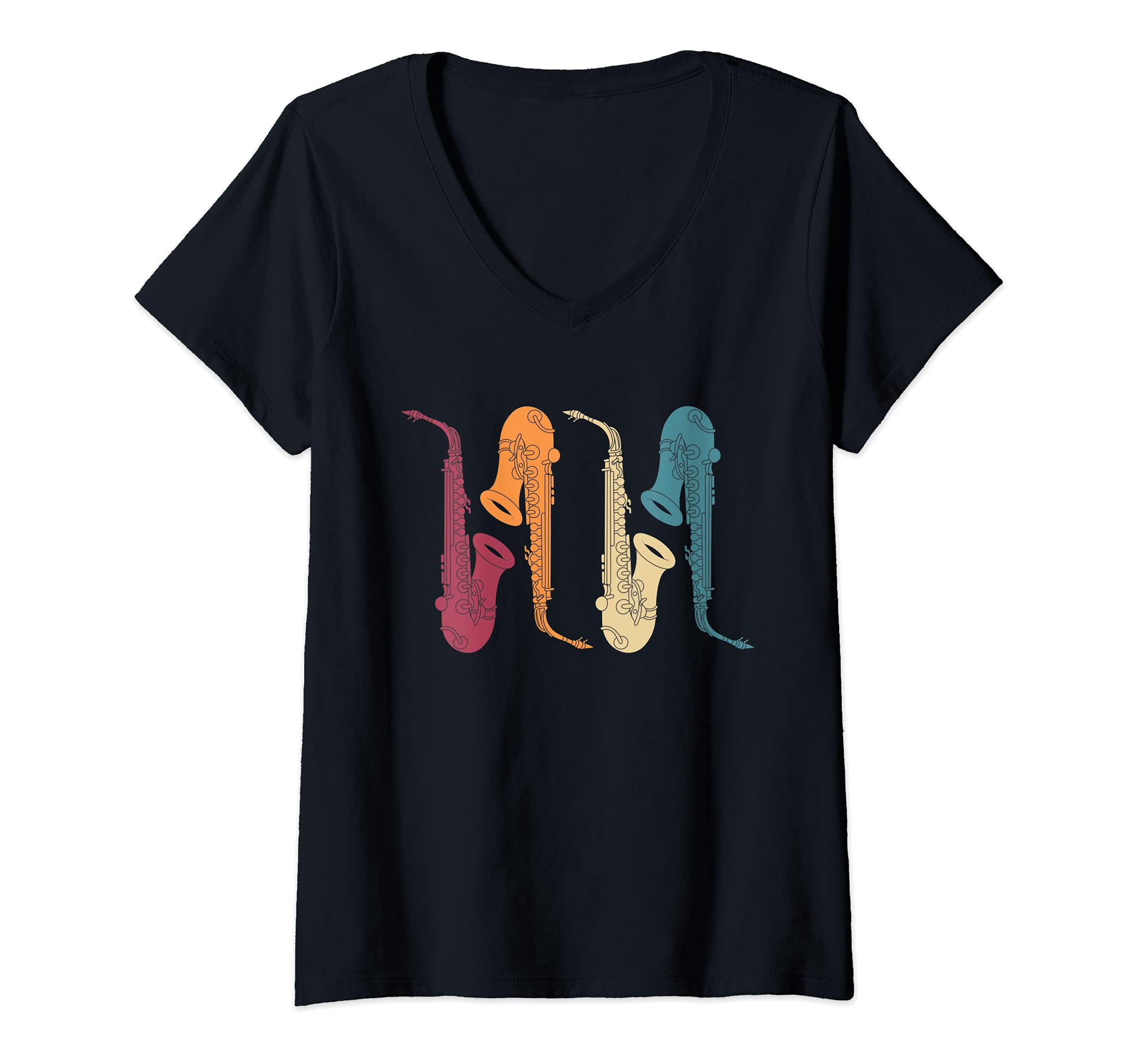 Womens Retro Jazz Musical Instrument Saxophonist Saxophone V-Neck T-Shirt, Black