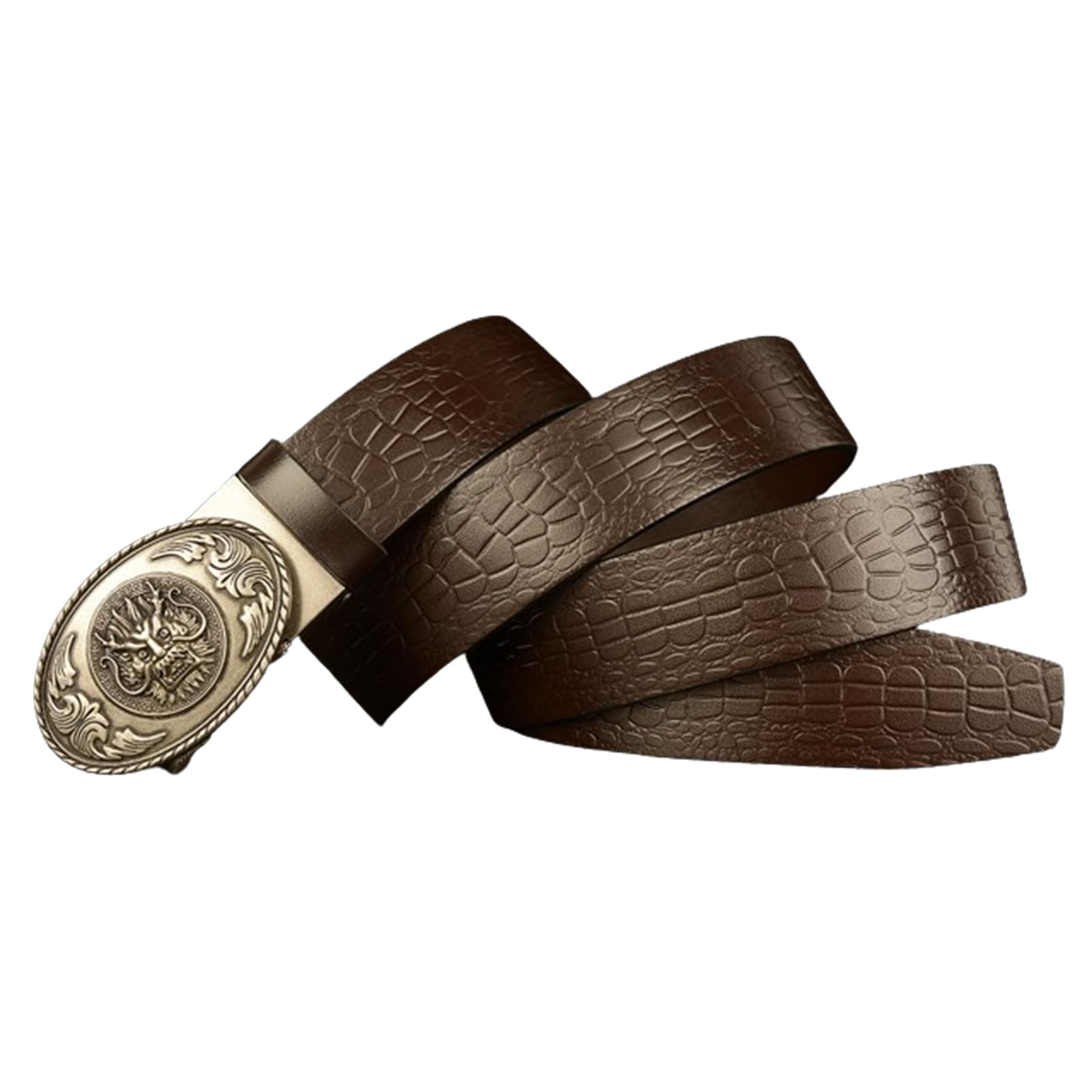 Cinturón De Piel Cocodrilo Con Relieve Trinquete For Hombre, Hebilla Deslizante Automática Cabeza Dragón Plateada