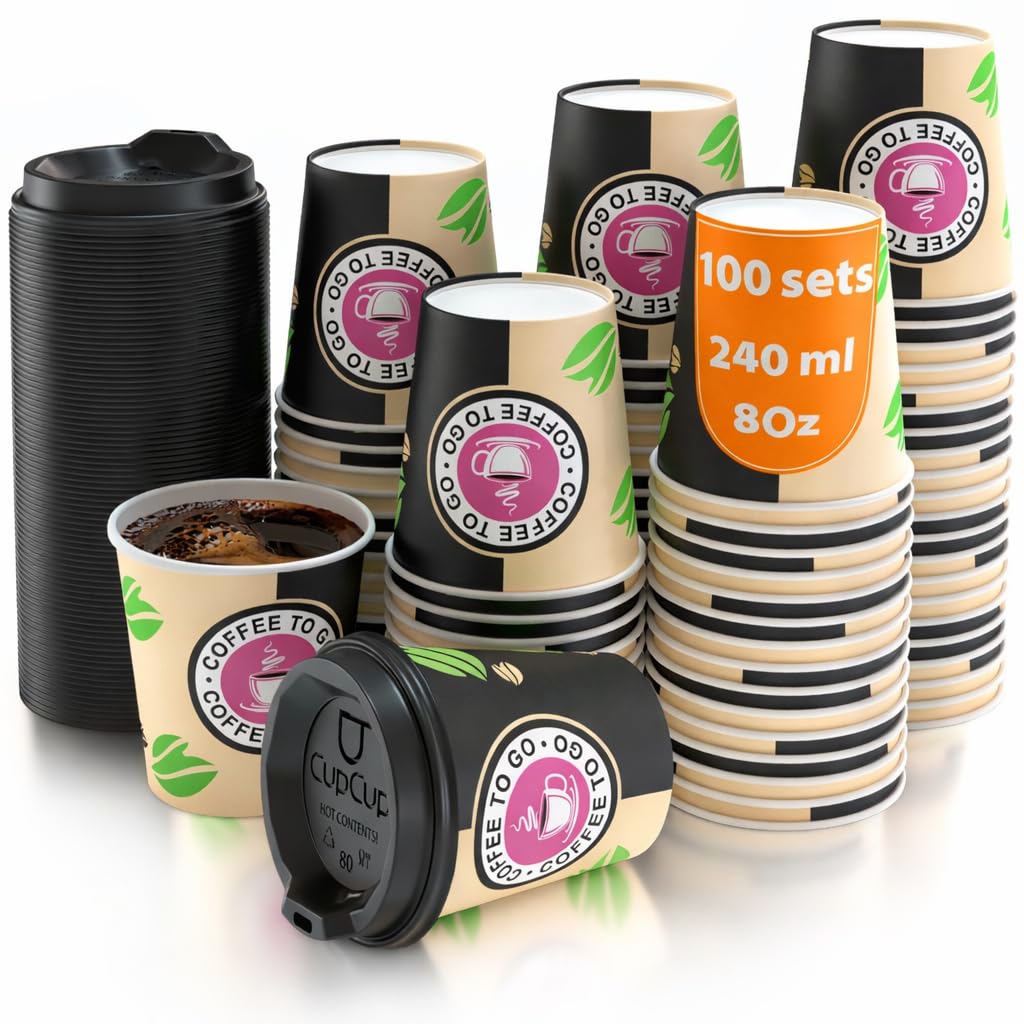 CupCup 100 Papierowych Kubków 240 ml z Pokrywką – Kubek do Coffee To Go, do Serwowania Kawy na Wynos, Herbaty, Gorących i Zimnych Napojów