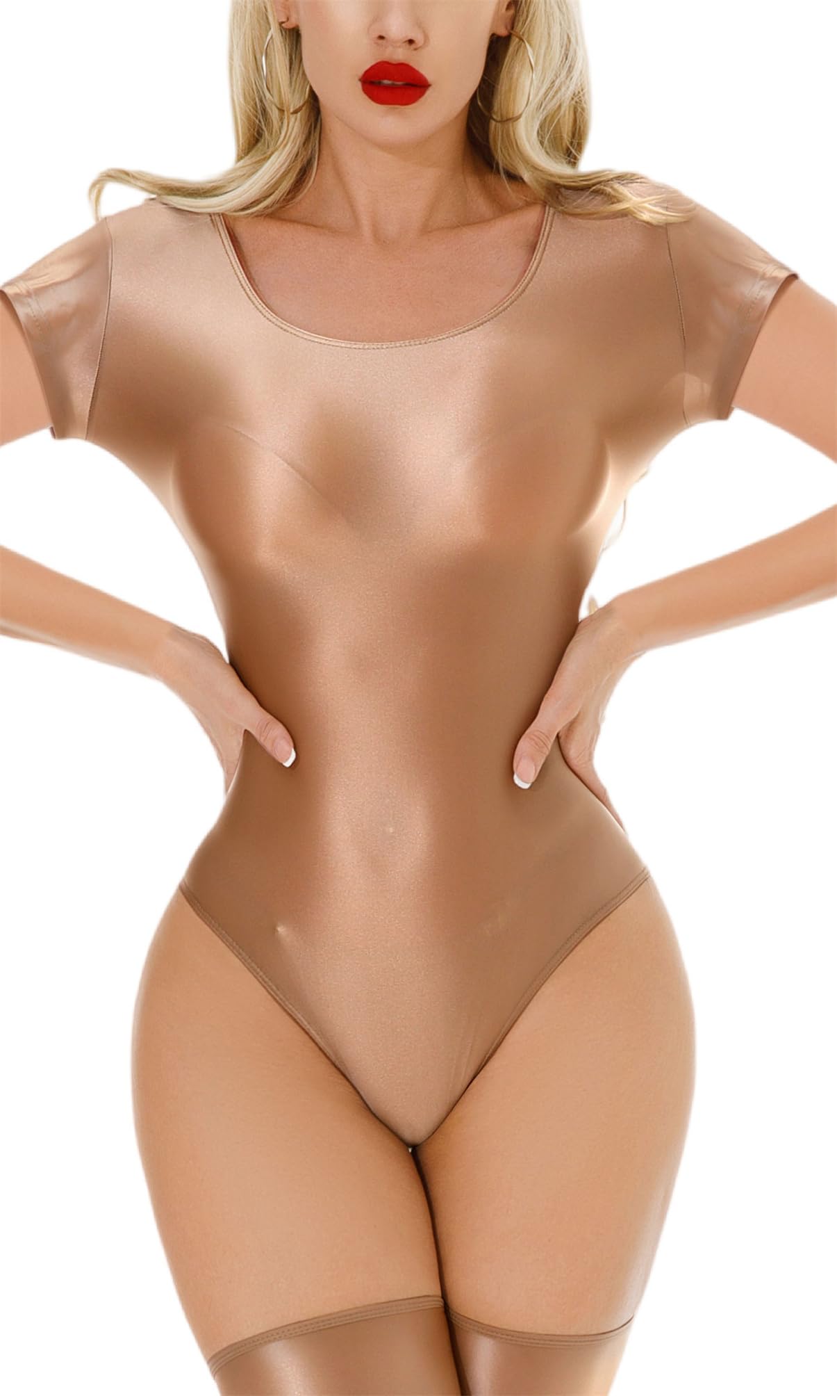 Women’s Shiny Bodysuit Glossy Sheer Short Sleeve Jumpsuit Costume Cosplay Long Sleeve Catsuit Romper Outfit for Club Party Brown