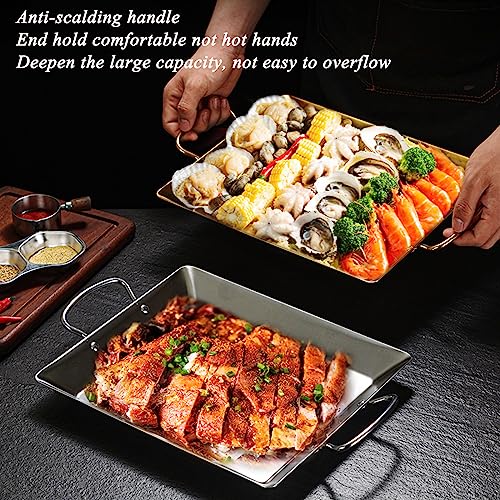 Poêle à paella rectangulaire en acier inoxydable argenté pour présentation chic
