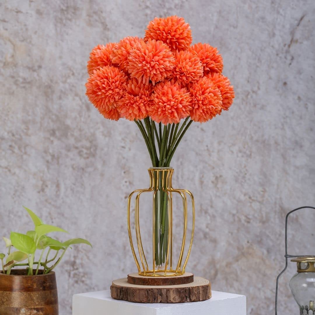 SATYAM KRAFT 5 Pcs Artificial Chrysanthemum Hydrangea Ball Flower Sticks for Home, Office, Bedroom, Balcony, Living Room, Wedding & Craft Decoration (Fabric, Without Vase) (Orange, 5 PCS)