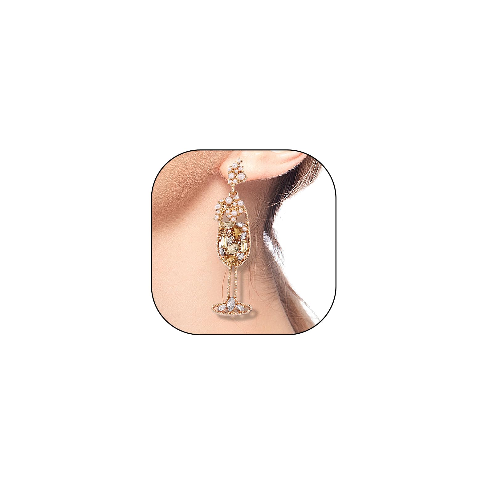 Dainty Champagne Goblet Rhinestone Dangling Earrings for Women,Sparkly Pearl Wine Glass Statement Hanging Earrings, Charm Party Festival Jewelry Gifts