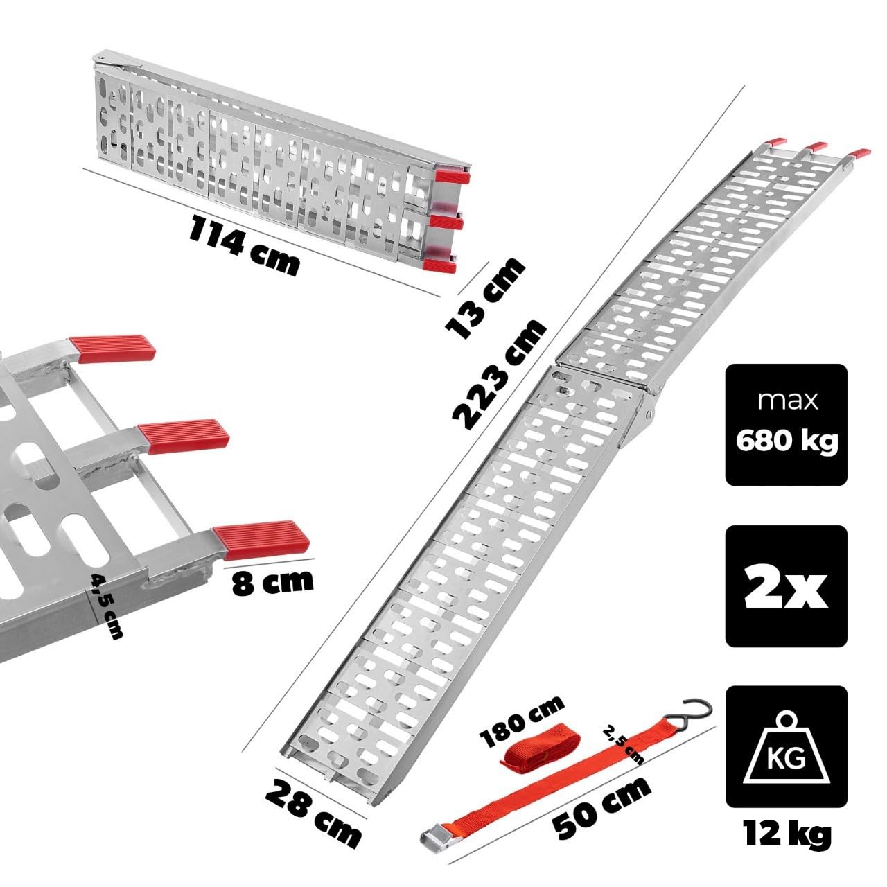 KADAX Set di 2 rampe di carico pieghevoli fino a 680 kg, rampe di carico per rimorchi, rampe in alluminio per moto, quad, tosaerba e trattorino