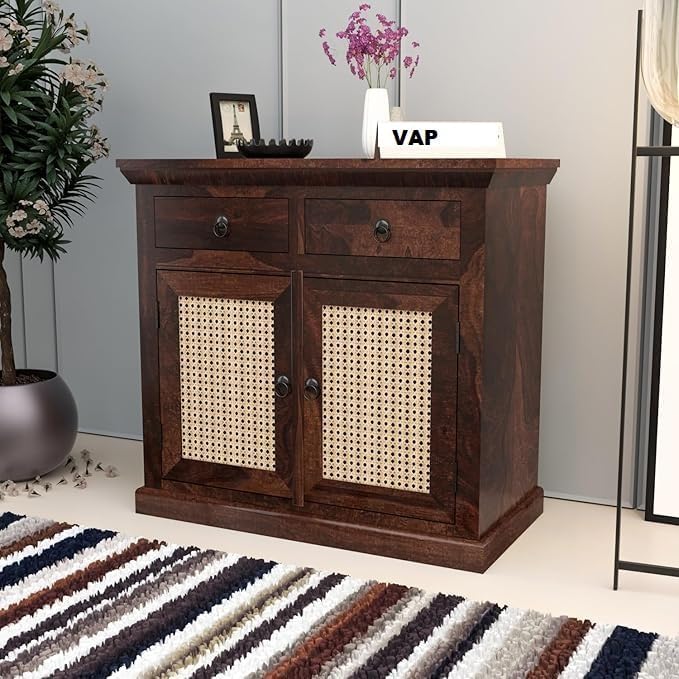 Image of Small Wooden Cabinet for Living /Dining /Drawing /Bedroom & Office with 2 Drawers & Doors | Solid Wood Sheesham | Walnut Finish | Design - Cane