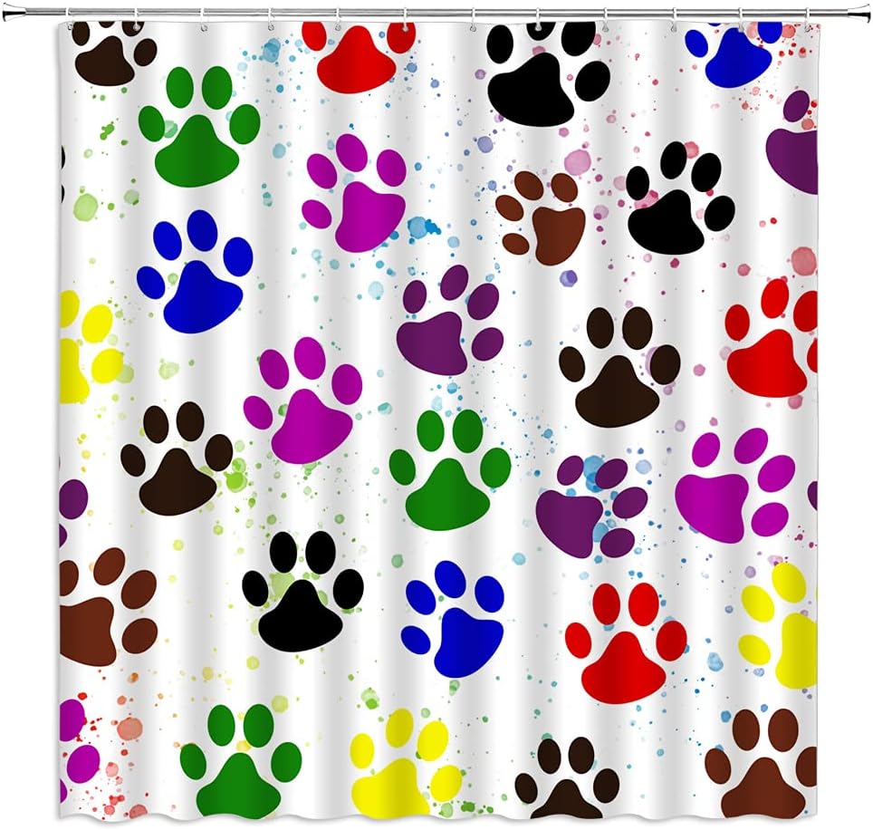 Dog Paws Shower Curtain Puppy Pawprint Creative Animal Paw Pattern Graffiti Colorful Inkjet Art Modern Print Fabric Bathroom Decor Set with Hooks(70" Wx84 H)