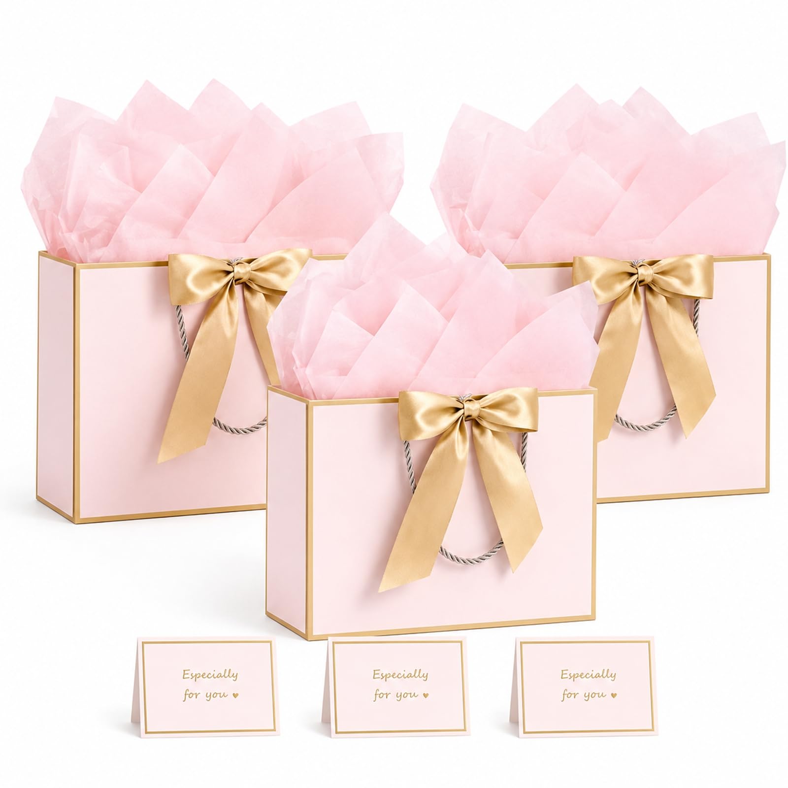 3 Pack Paper Gift Bags with Handles, Gold Trim, Bows & Cards Pink