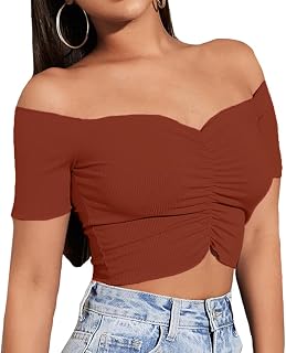 LYANER Women's Off Shoulder Ruched Y2k Crop Top | Summer Ribbed Knit Short Sleeve Sexy Blouse Shirts