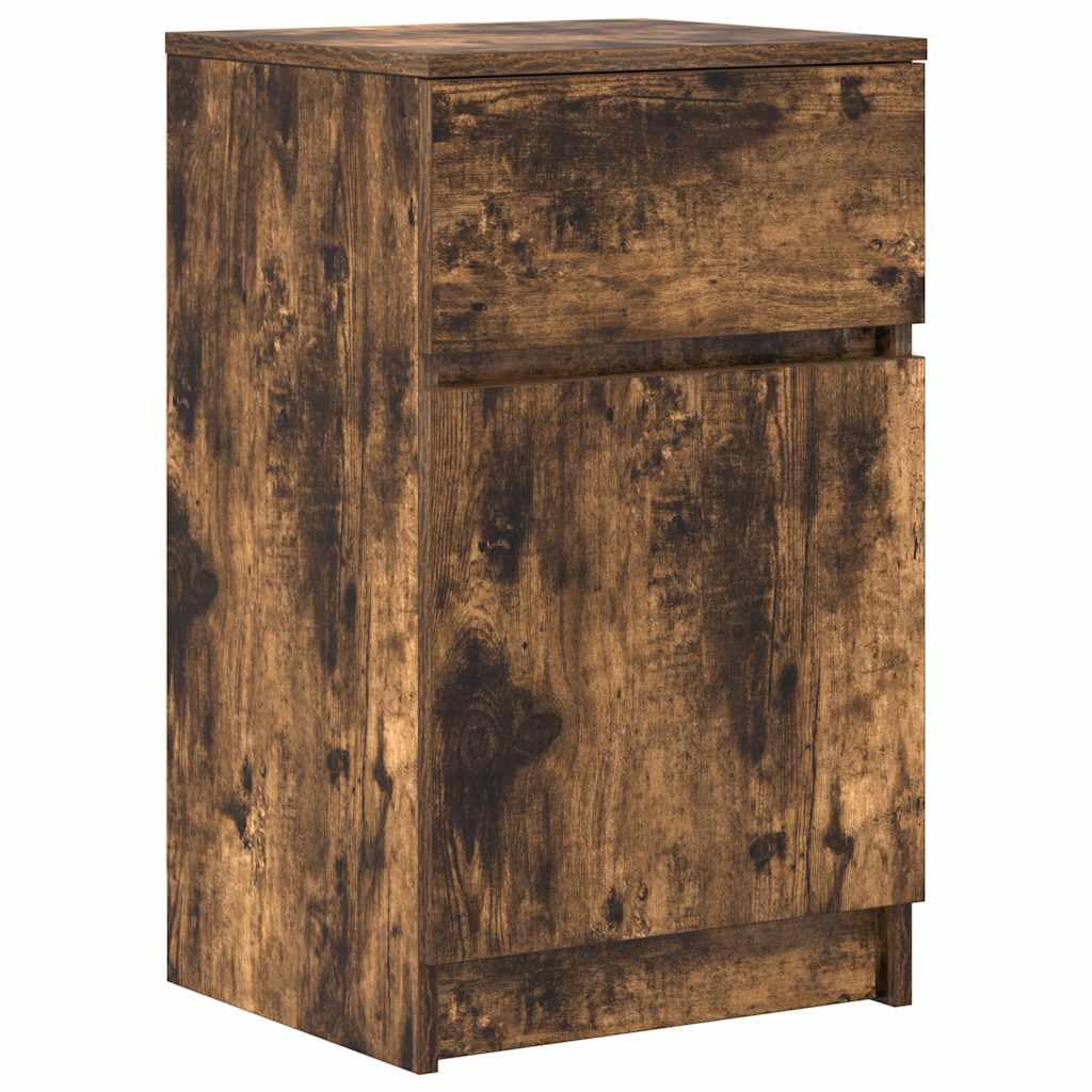 Elegante mesita de noche para dormitorio, roble ahumado, 39 x 35 x 65 cm, material de madera, fácil de limpiar, mesita de noche con superficie lisa, con placa estable y soporte de pared