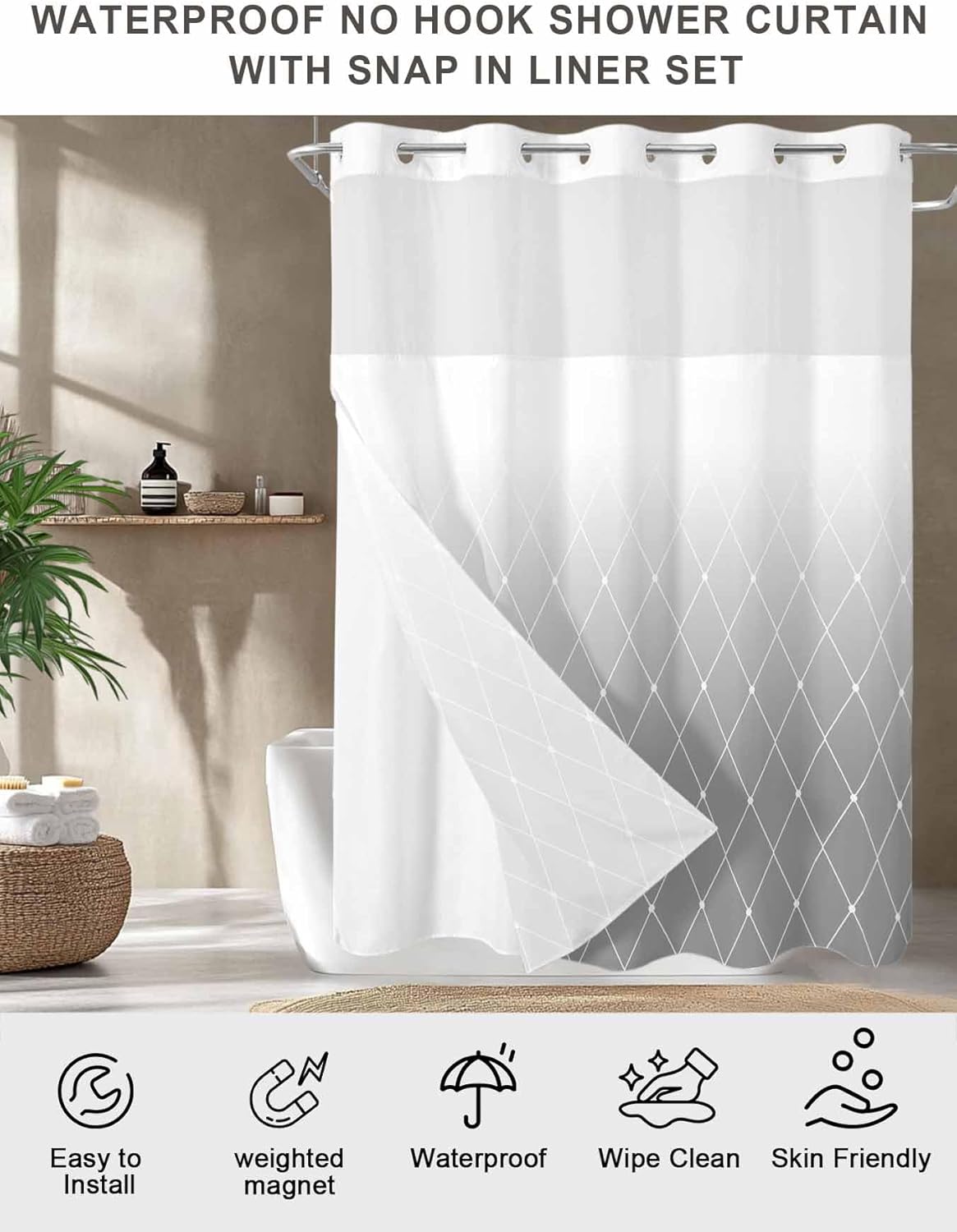 No Hook Shower Curtains with Snap-in Liner Set, Gray Ombre Waterproof Hotel Style Bathroom Shower Curtain, Modern Geometric Abstract Rhombus Striped Breathable Mesh Top Window Bath Curtains 72''x72''