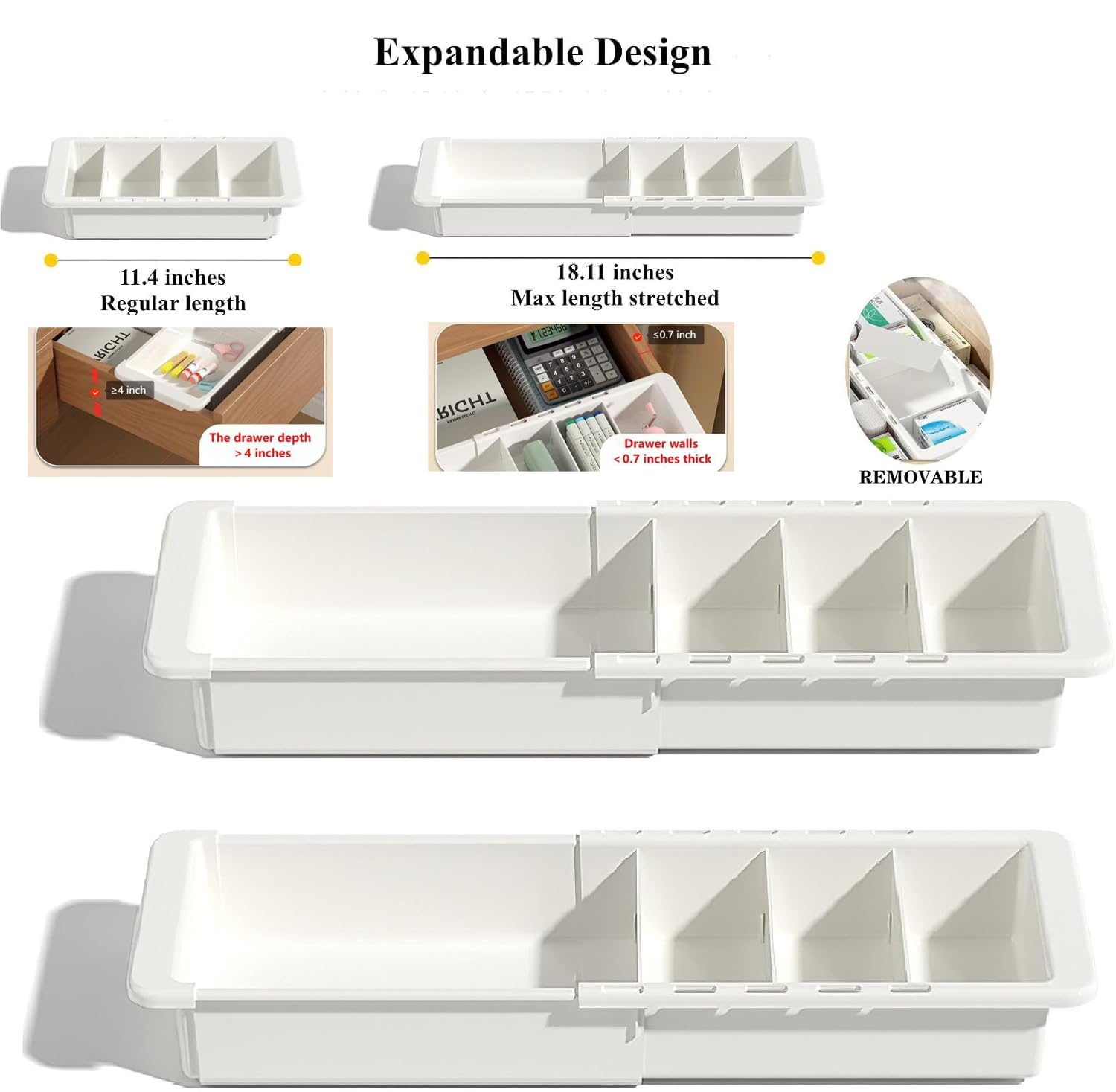 YOOUSOO Lot de 2 plateaux de rangement extensibles pour tiroir réglables, séparateurs de tiroir et rangement pour fournitures de bureau, stylos, maquillage, ustensiles, outils, couverts et déchets