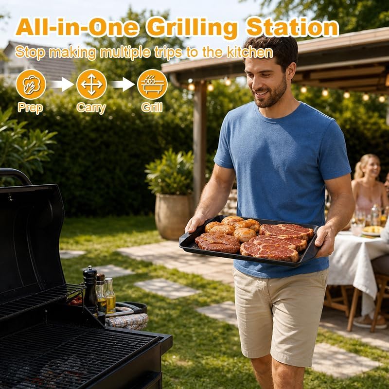 6-Piece Plastic Grilling Prep & Serve Trays with Cutting Board, Stackable BBQ Station for Raw & Cooked Meat Separation, Marinating Containers, Griddle Accessories, BPA-Free