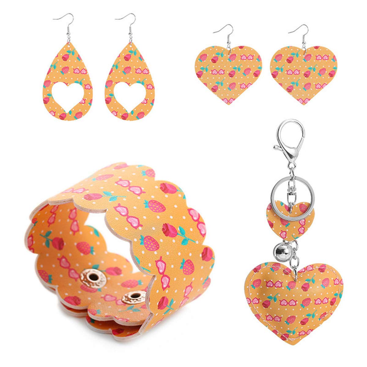 ASHMITA 4 Pairs Valentine's Day Dangle Teardrop Earrings Heart Flower Print Key Chain Bracelet Set for Women Girls yellow